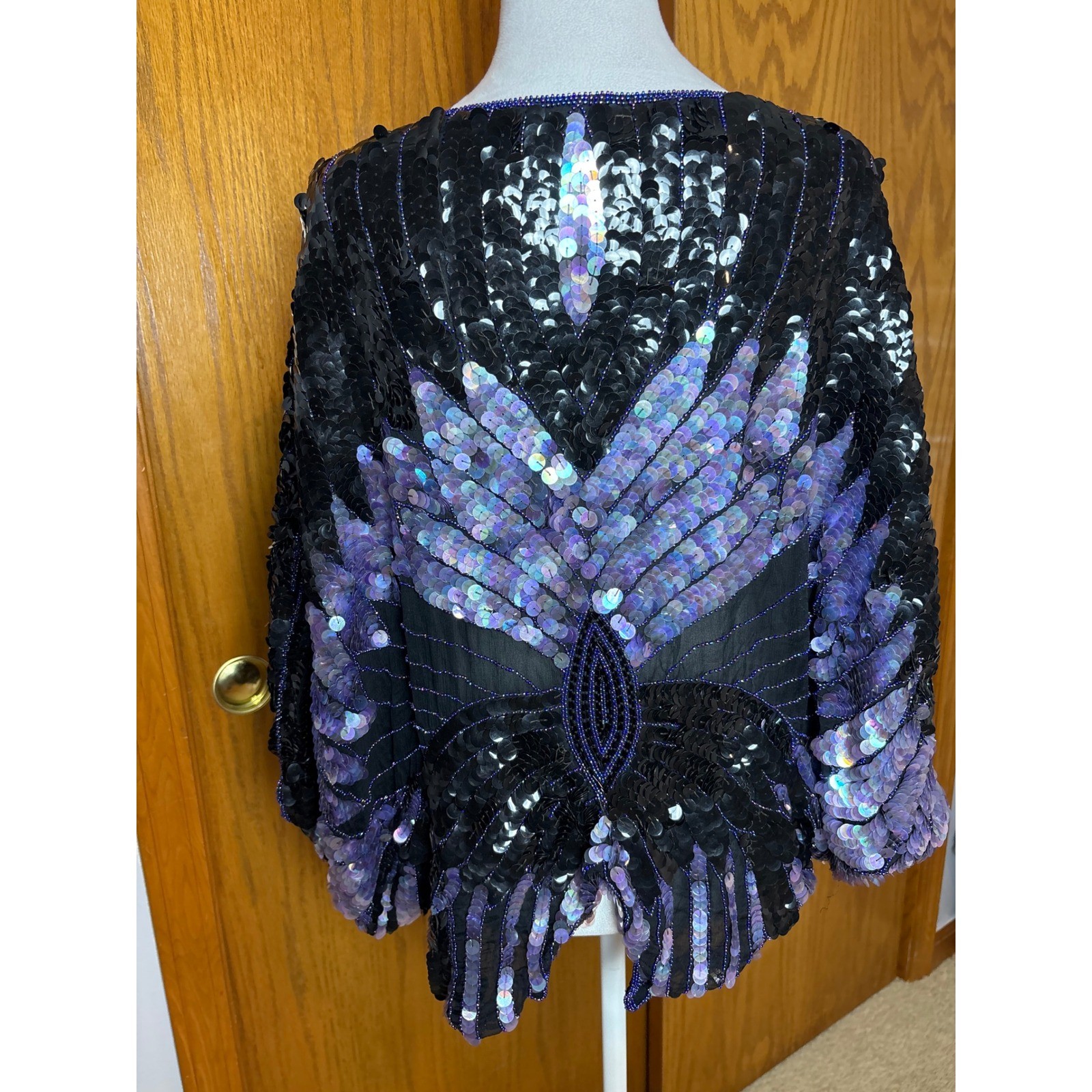 Shomax Vintage Silk Sequin Butterfly Top Iridescent Purple Beaded Batwing Blouse