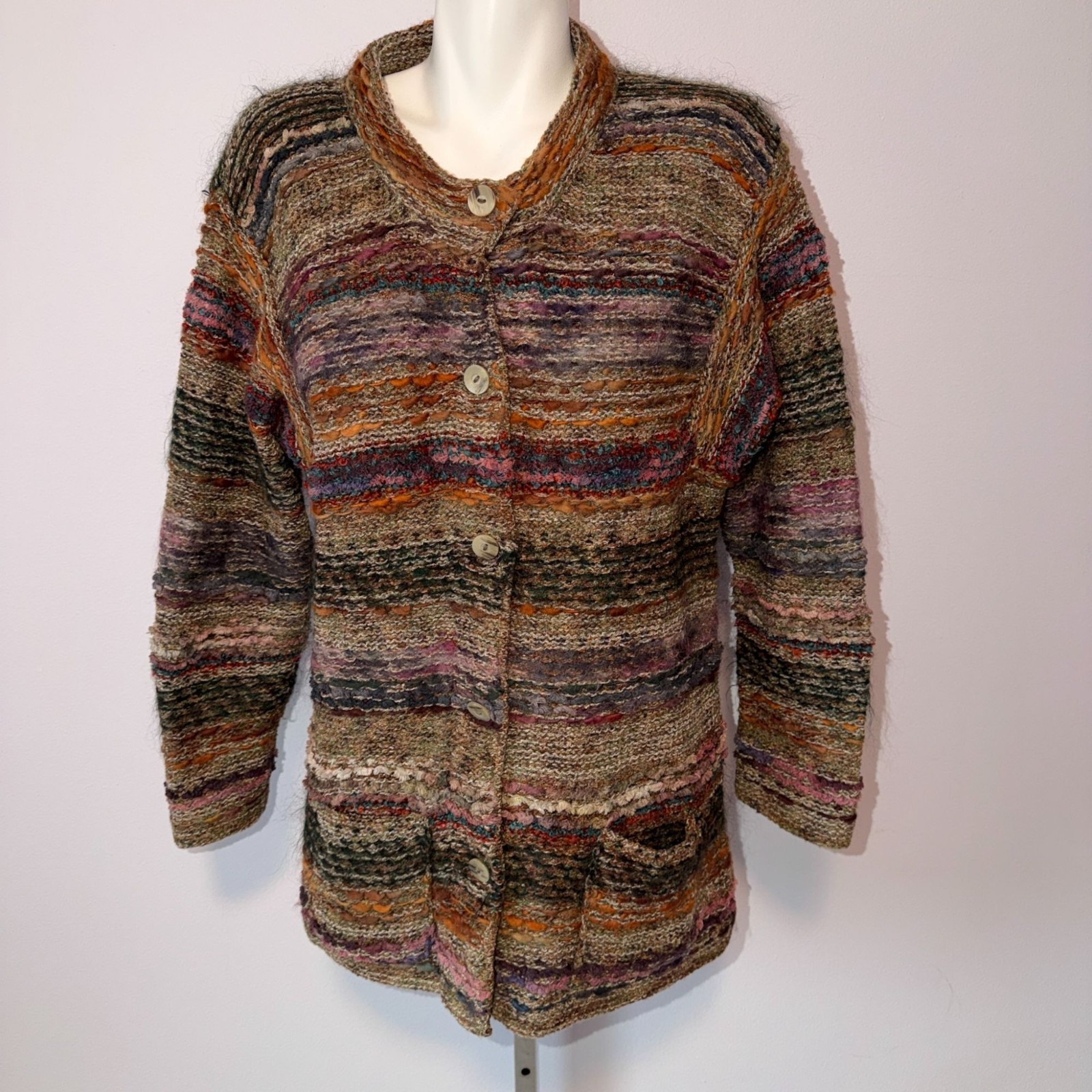Vintage 90s High Country Hand Knit Wool Cardigan Striped Earth Tones Womens M/L