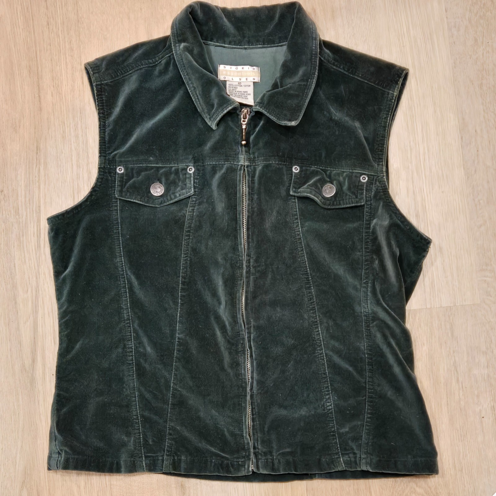 Vtg Sigrid Olsen Green Velvet Moto Zip up Vest Sz 10/M Boho Indie Dark Fairy