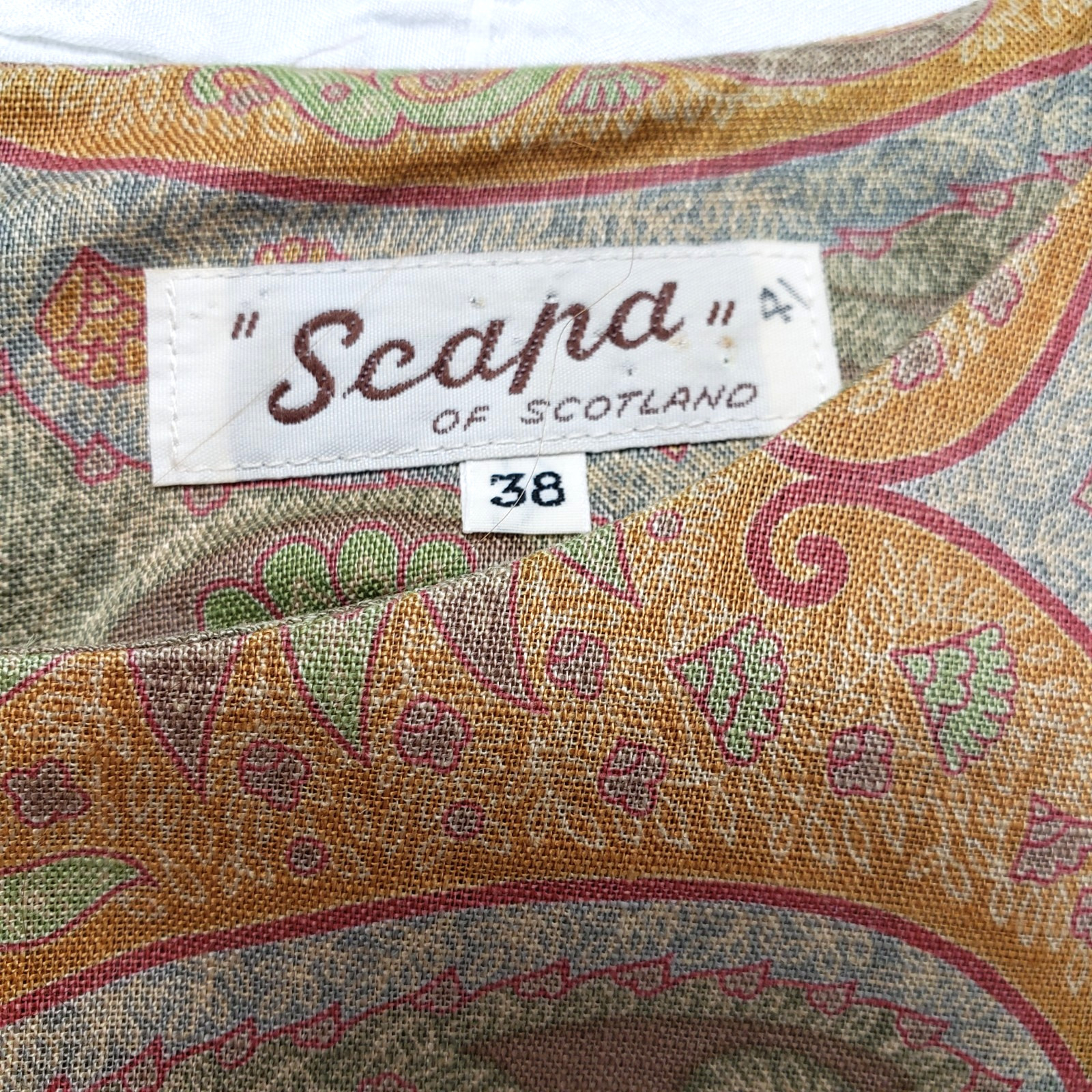 VTG Scapa of Scotland Brown Paisley Sheath dress 70s Secretary Sz SMALL (Tag 38)
