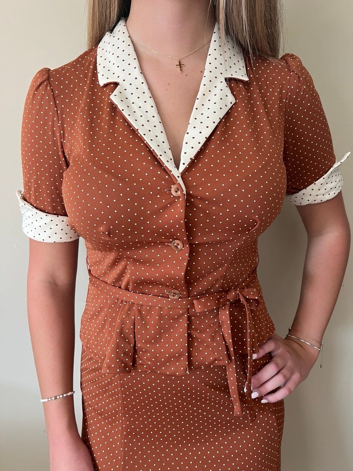 BNWT Deadstock 1950s Vintage Rockabilly 2pc Polka Dot Suit Top & Skirt Outfit 7