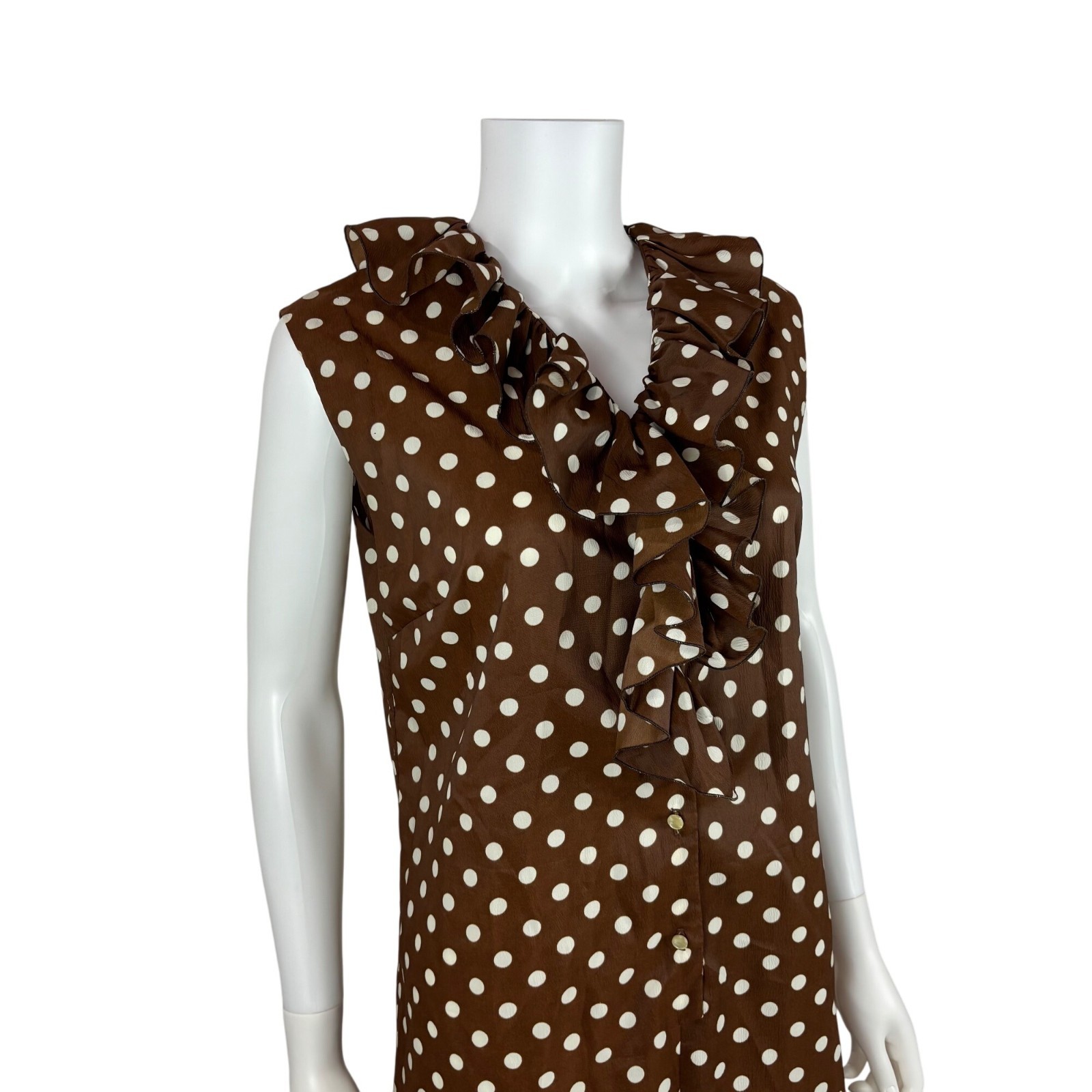Vintage 60s Polka Dot Dress Womens Large Brown White Ruffle Collar Shift
