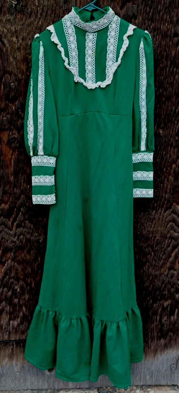 Amazing 70s Vintage Green Empire Leg O Mutton Sleeve Sz M/L PolyKnit Maxi Dress