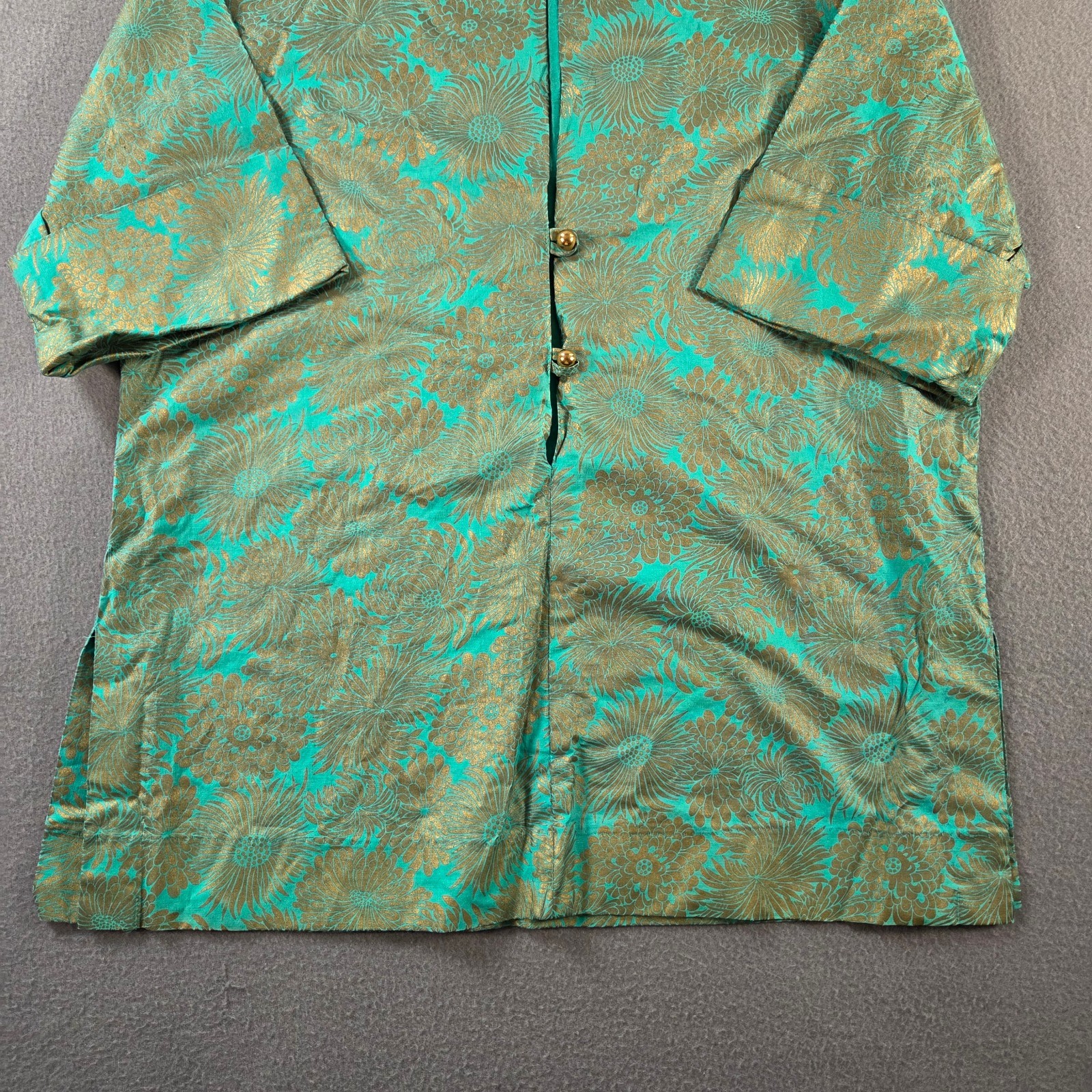 Vintage Dutchmaid Top Womens 38 Green Floral Gold Painted Asian Traditional 70s