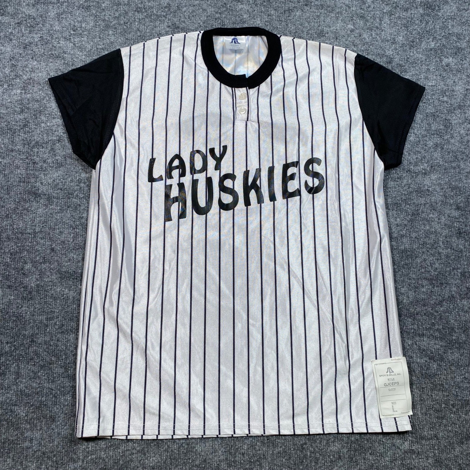 Sports Belle Lady Huskies Baseball Jersey White Black Pinstripe 44 USA Large