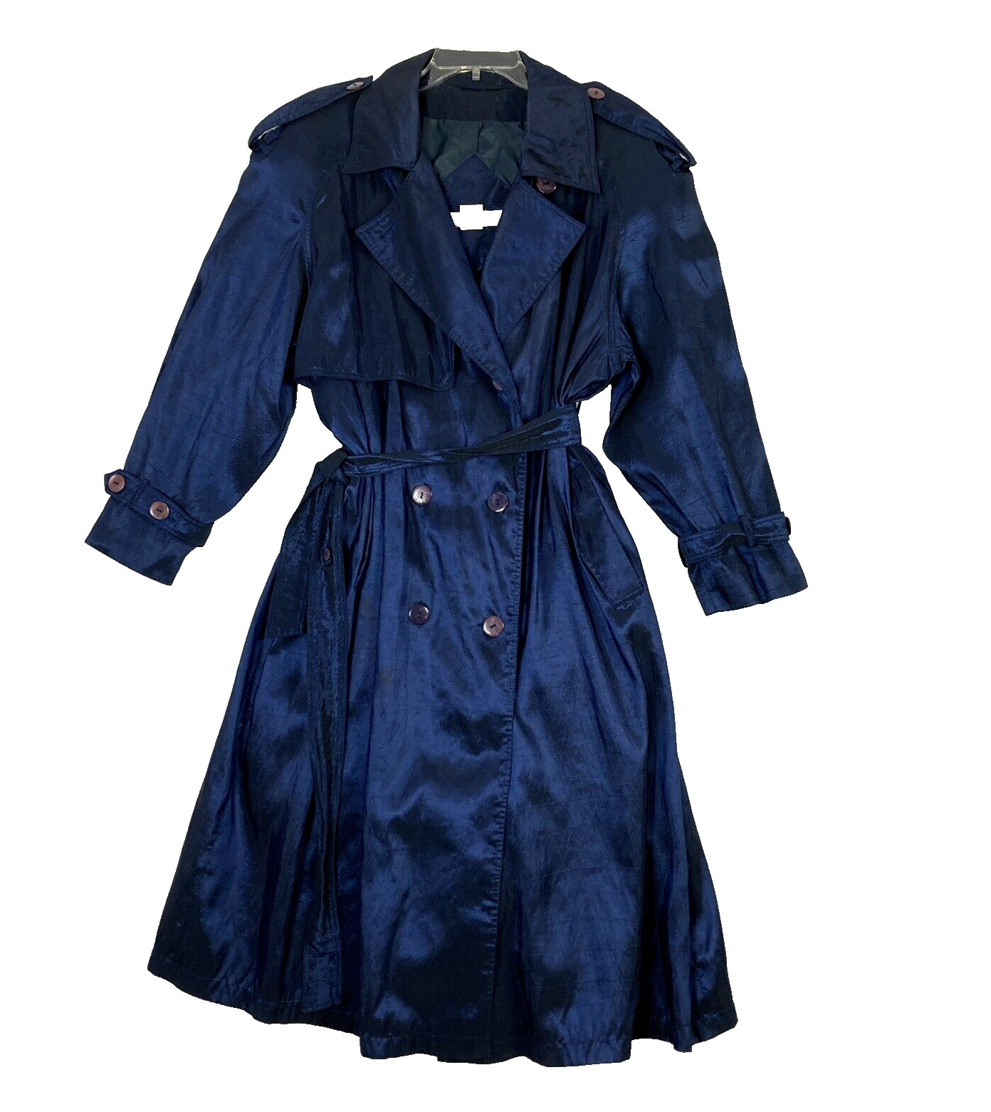 90s VTG Trenchcoat Iridescent Blue Plus 18WP Petite Belted Brem Rainwear Womens