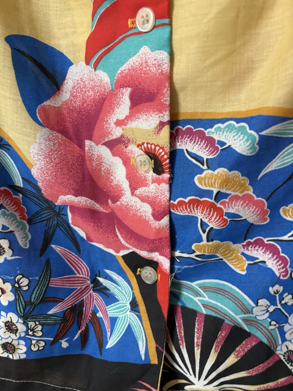 VTG 1980s Fritzi Asian Inspired Blouse AOP PRINT Asian Fans & Cranes XS B-34”