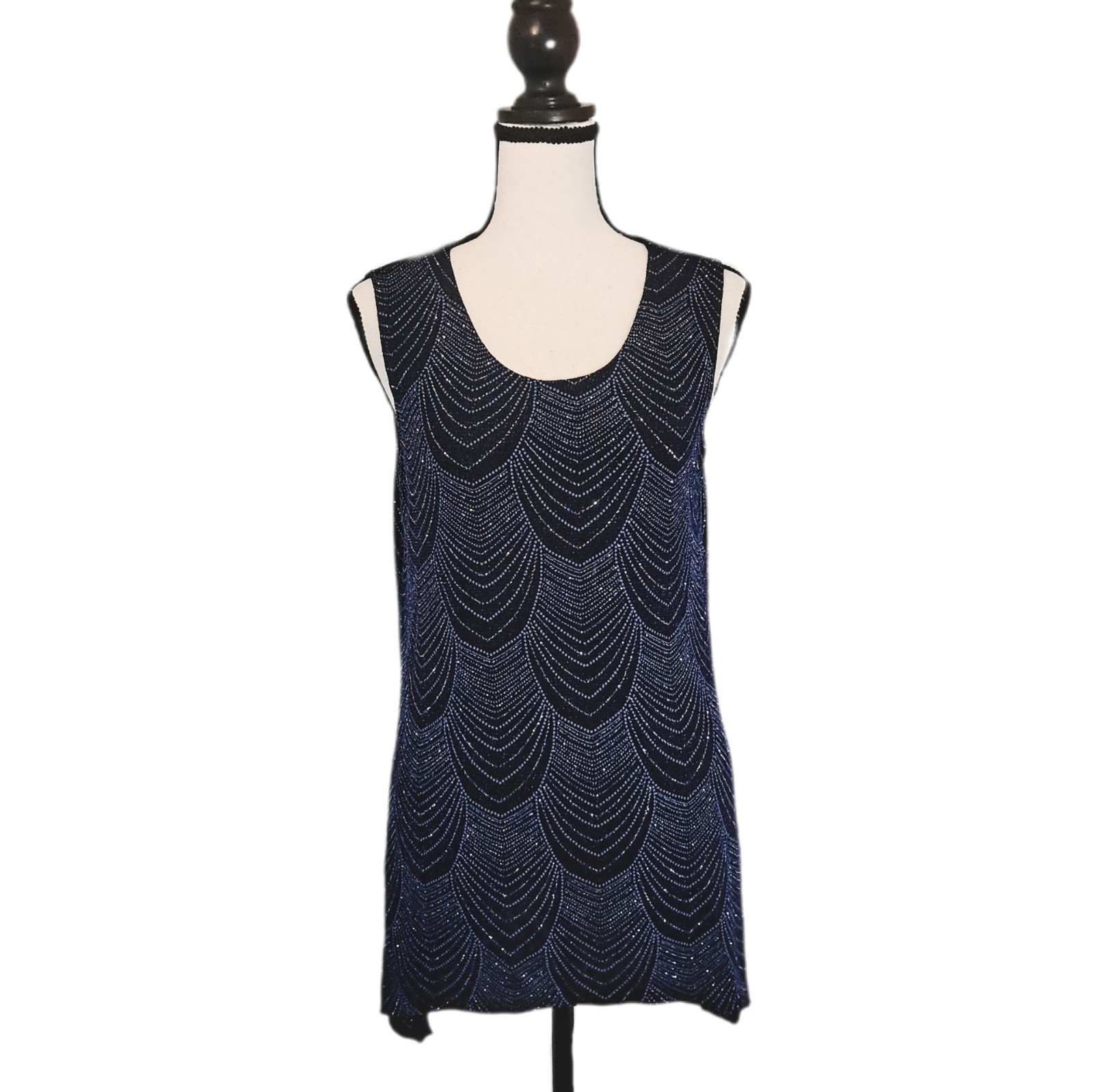 Vtg 90s Onyx Nite Navy Silver Glitter Texture Asymmetrical Hem Party Blouse Sz M
