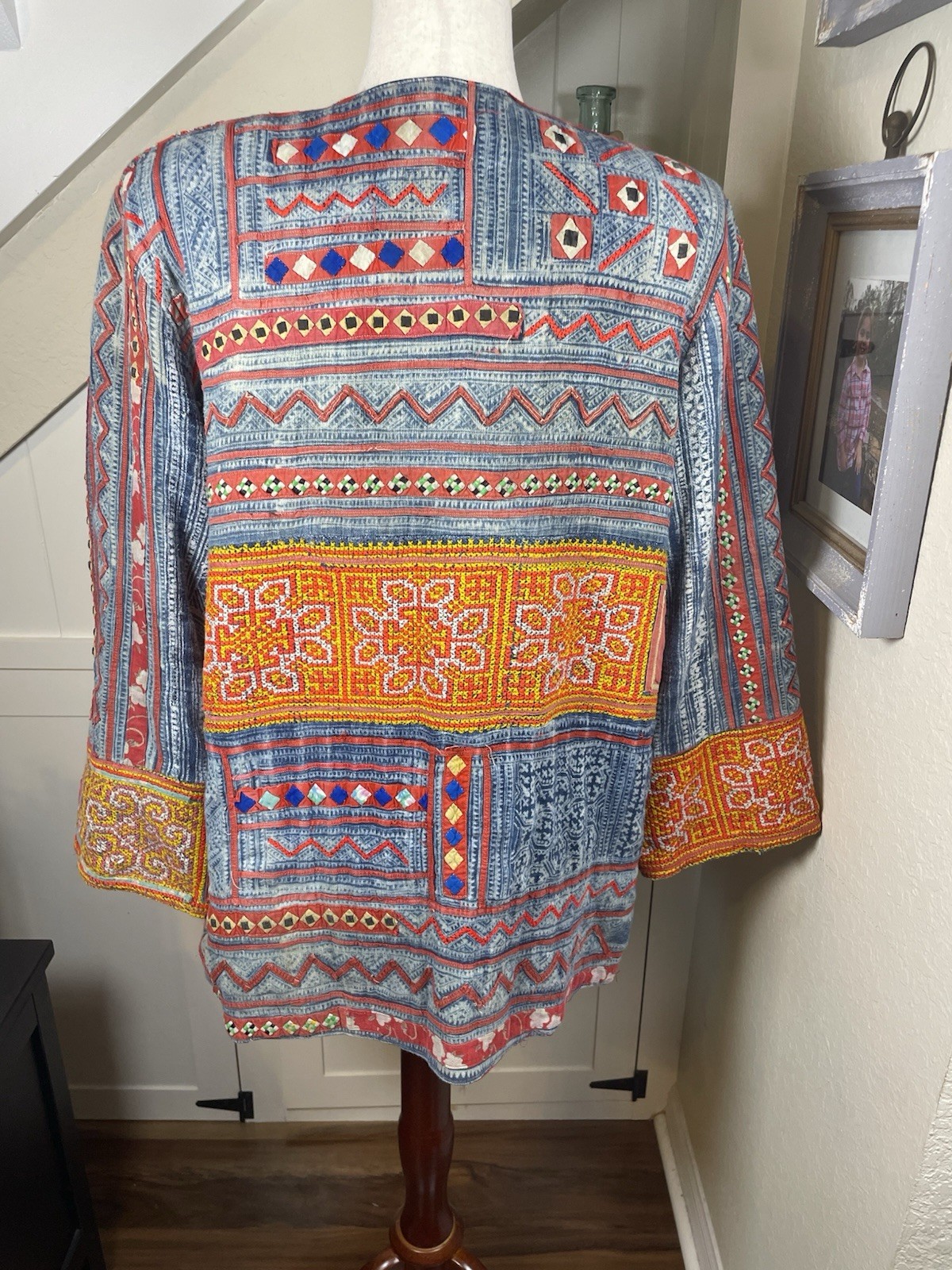 Vintage Hmong Style Embroidered Jacket Boho Ethnic Artisan Indigo Print XL