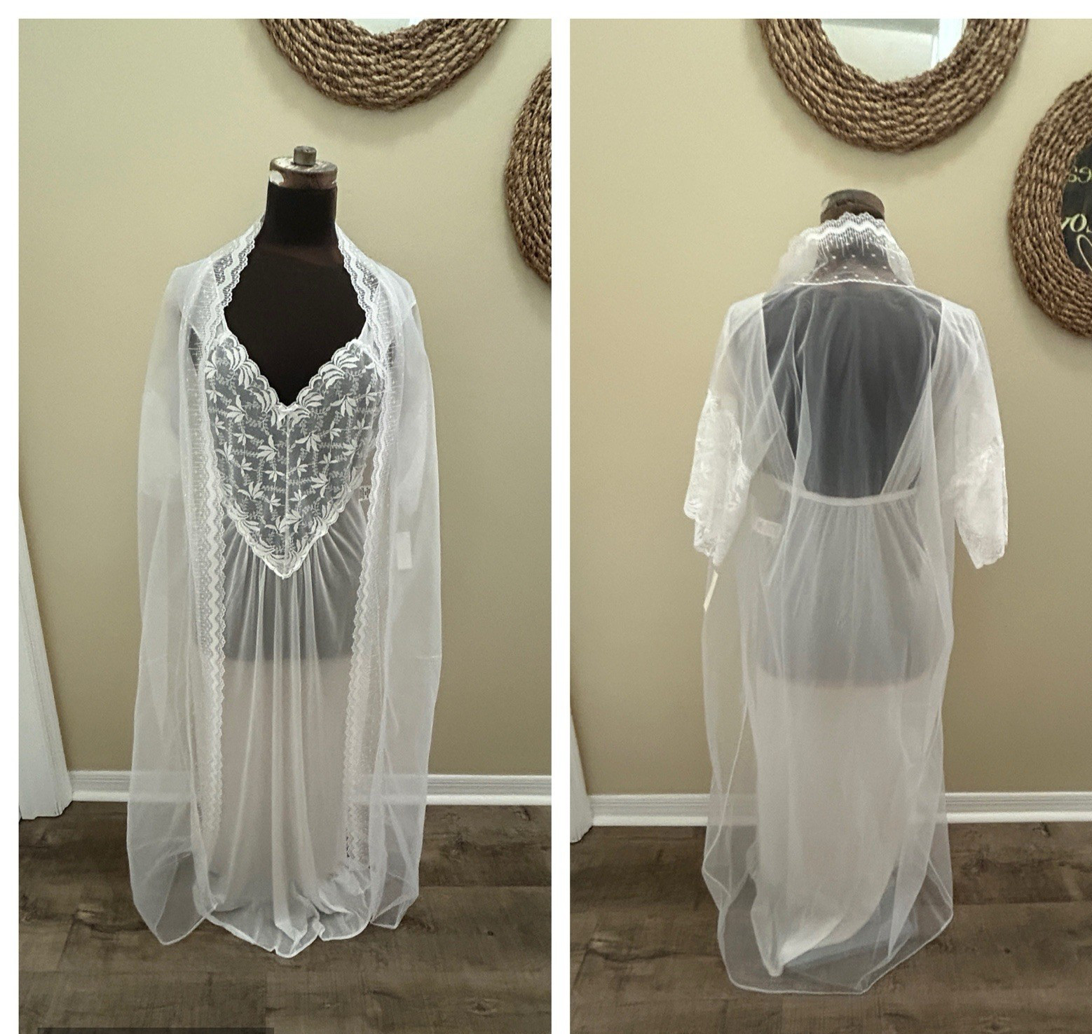 2 PC LATAISA Peignoir Nylon Chiffon Lace Nightgown Robe Set Wedding White NEW
