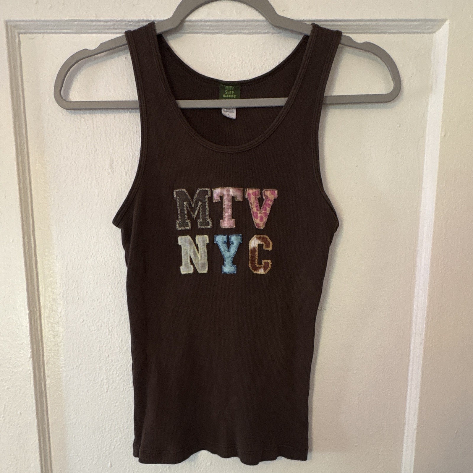 NY Sof Goods Women’s MTV NYC Brown Ribbed Knit Racerback Tank Top Size L