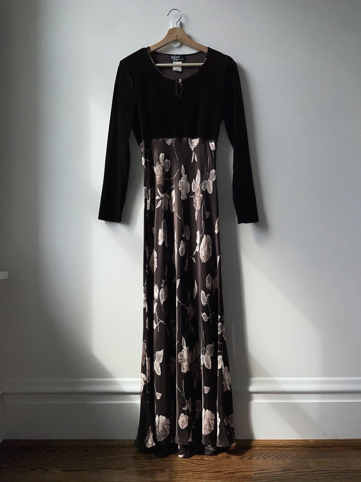 Vintage S M Dress Maxi Velour Satin Rose Floral print 90s Brown VGUC
