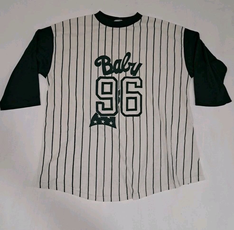 Vtg 90s Baseball T Shirt Tee Baby ’96 Green Stripes Maternity 3/4 Sleeve L/XL