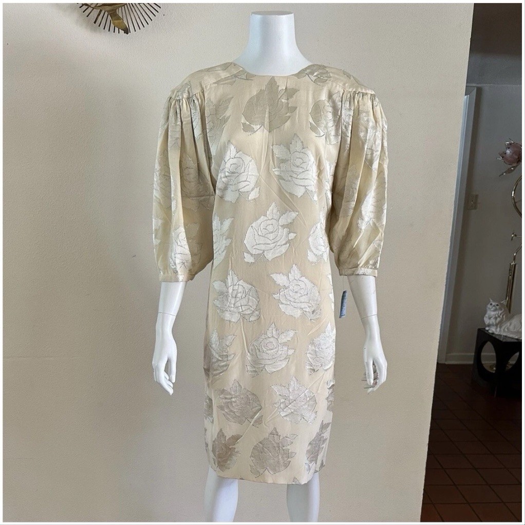 1980s Hanae Mori Silk Dress Metallic Rose Damask Bow Frost Bros VTG