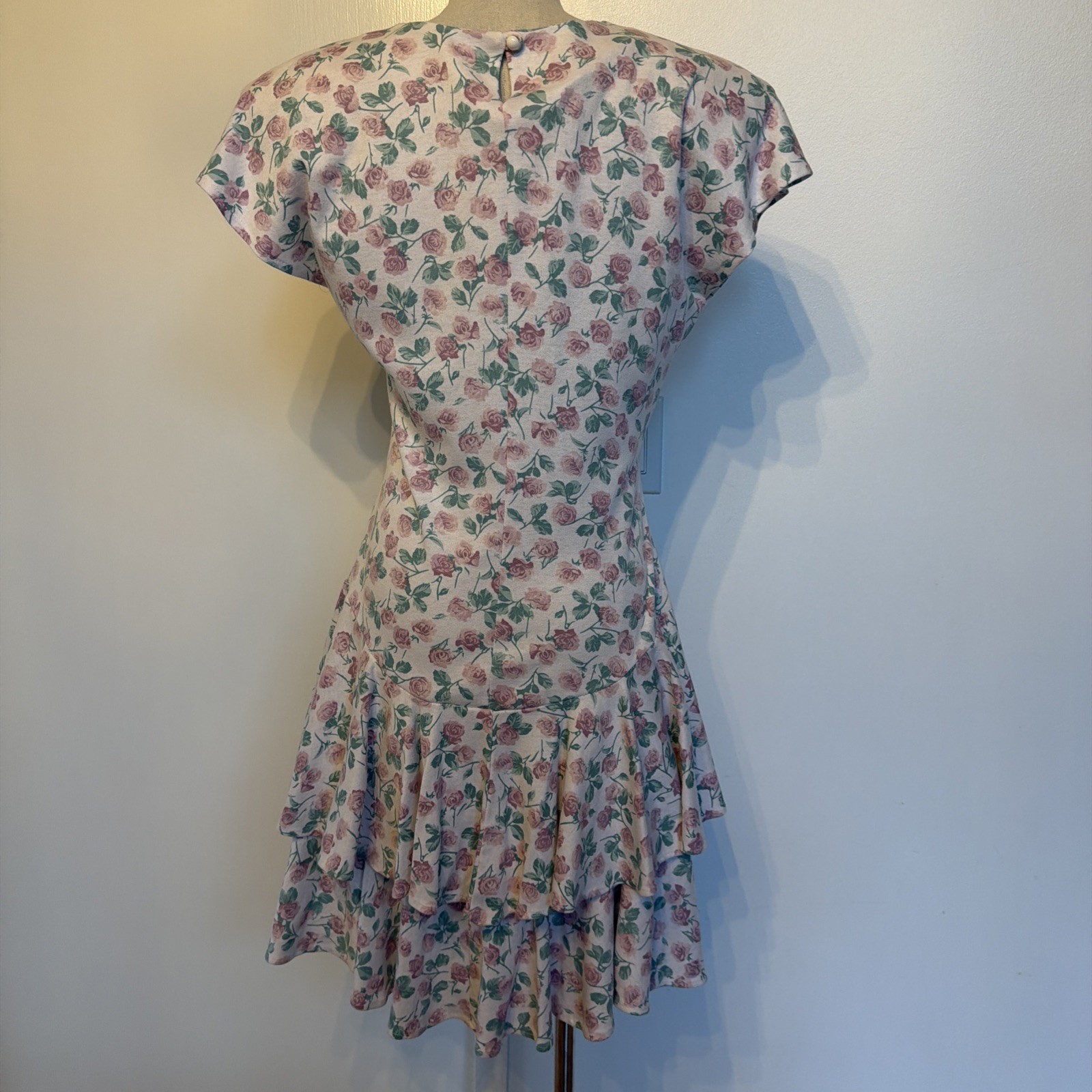 Vtg Rampage Dress 80s Tiered Ruffles Roses Floral Shoulder Pads