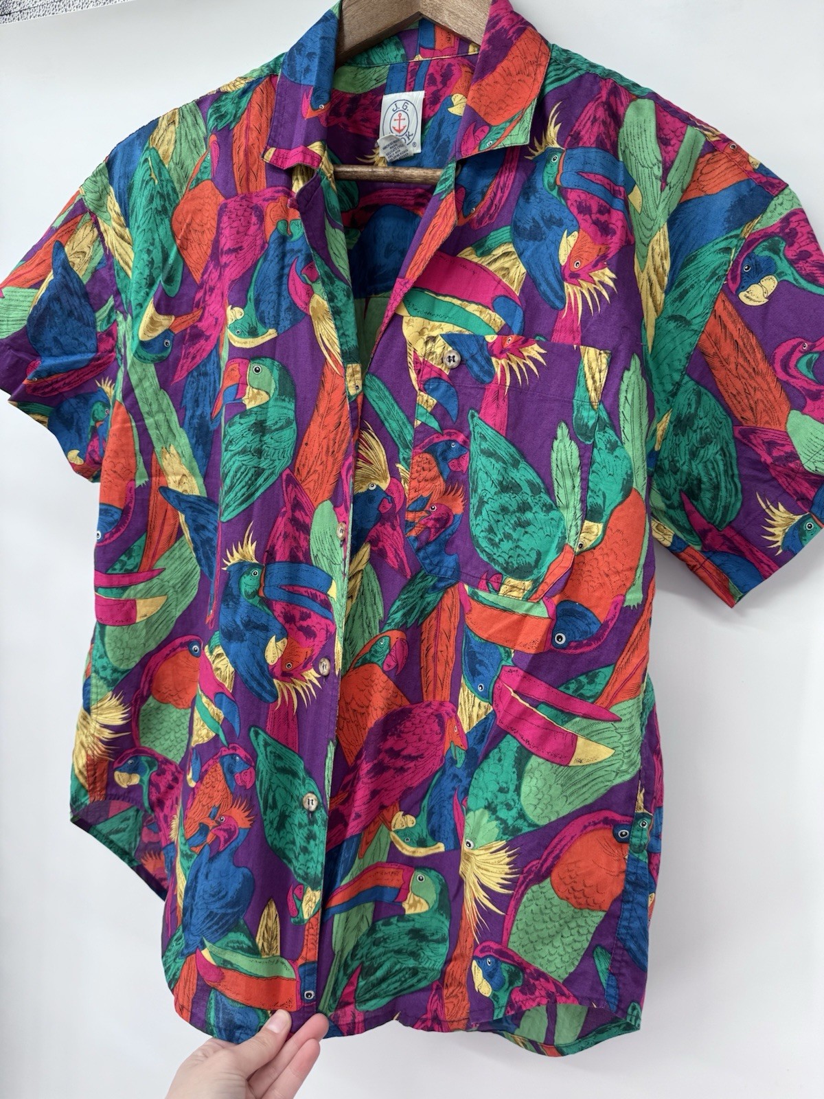 Vtg tropical bird pattern shirt abstract colorful JG Hook size 4 button up artsy
