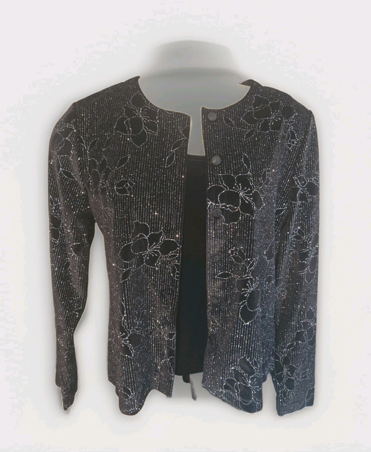 VTG Moonlighting Womens Black Velvet Tank Top With Glitter Flower Jacket Sz M