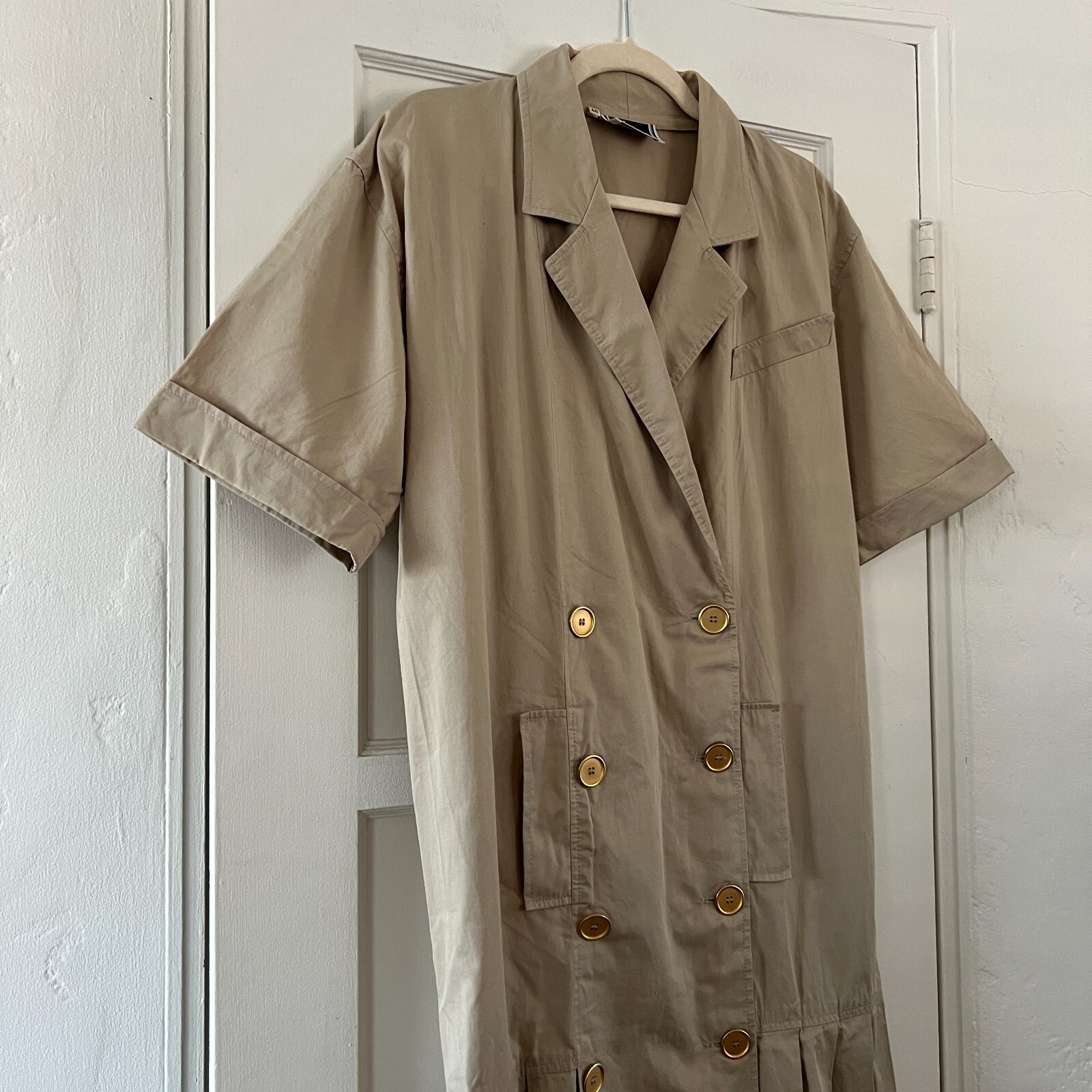 Vintage Italian Luisa Spagnoli cotton khaki tan double breasted Trench Dress 46