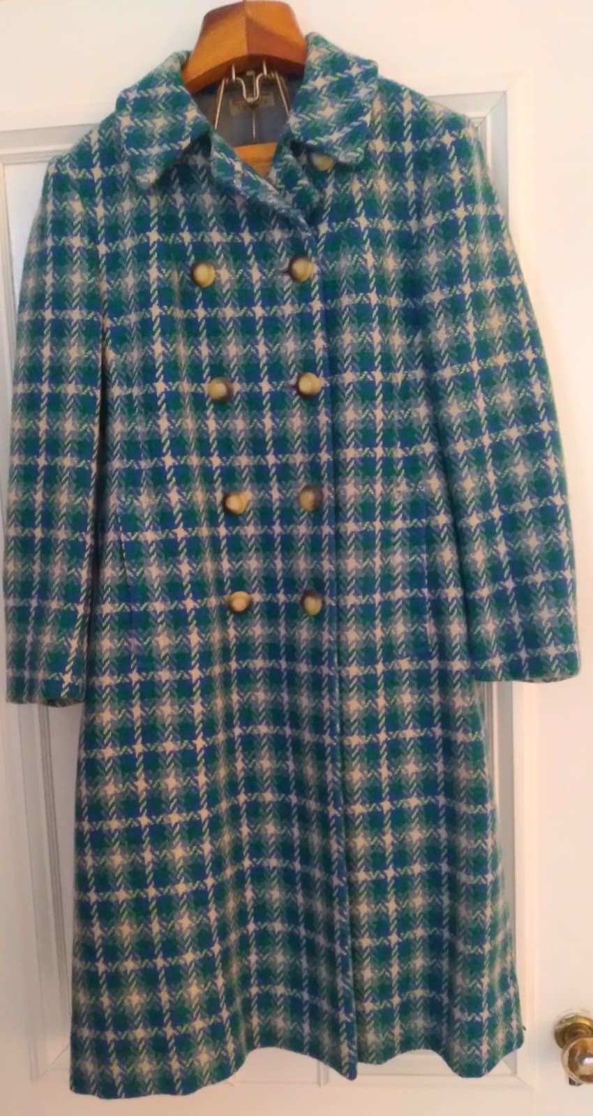 TALBOTS Vintage 60’s Heavy Tweed Wool Coat Lined Scottish Green Blue XS S M 70’s