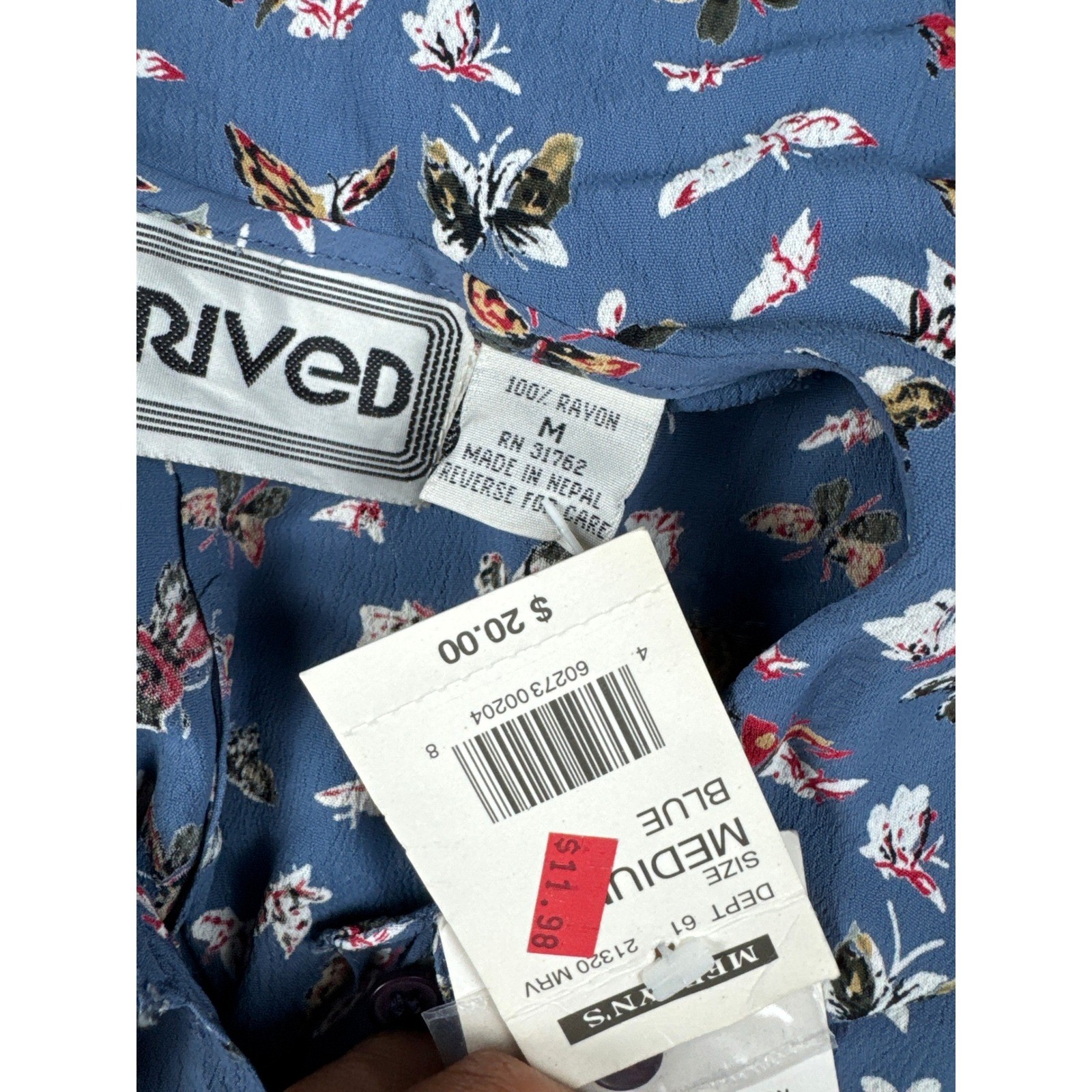 Arrived Vintage 90s Butterfly Print Pleated Blouse Blue Rayon Puff Sleeve Medium