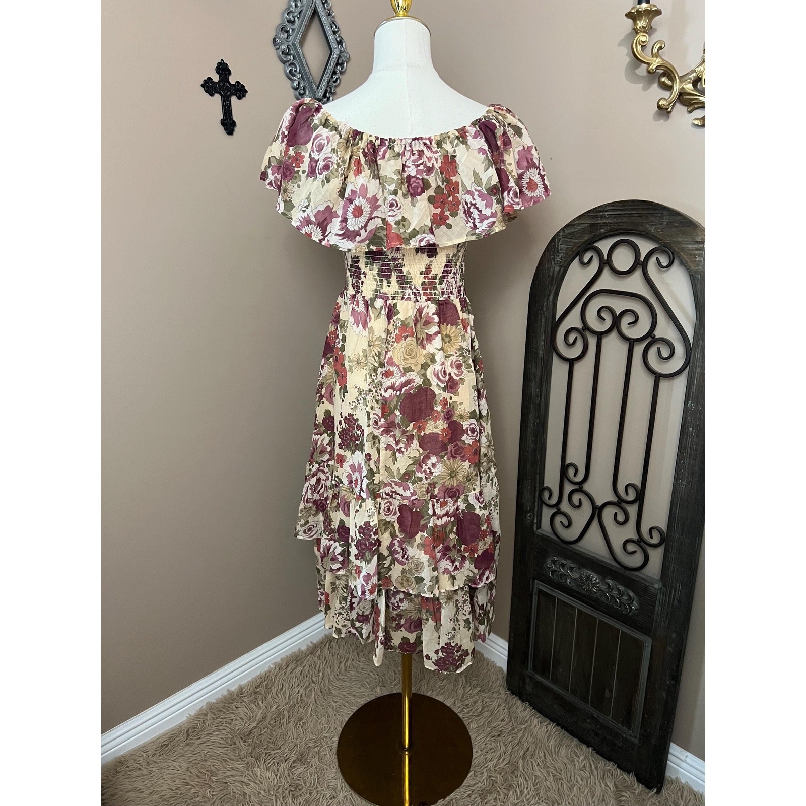 Vintage 70s Earthy Floral Off Shoulder Dress Retro Boho Cottagecore Size Medium
