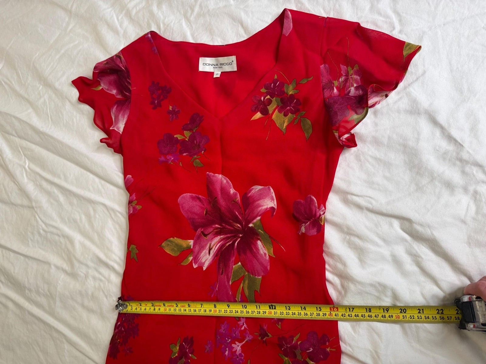 Donna Ricco Floral Chiffon Dress 8 Pink Red Lily Hanky Hem Wedding Guest Y2K