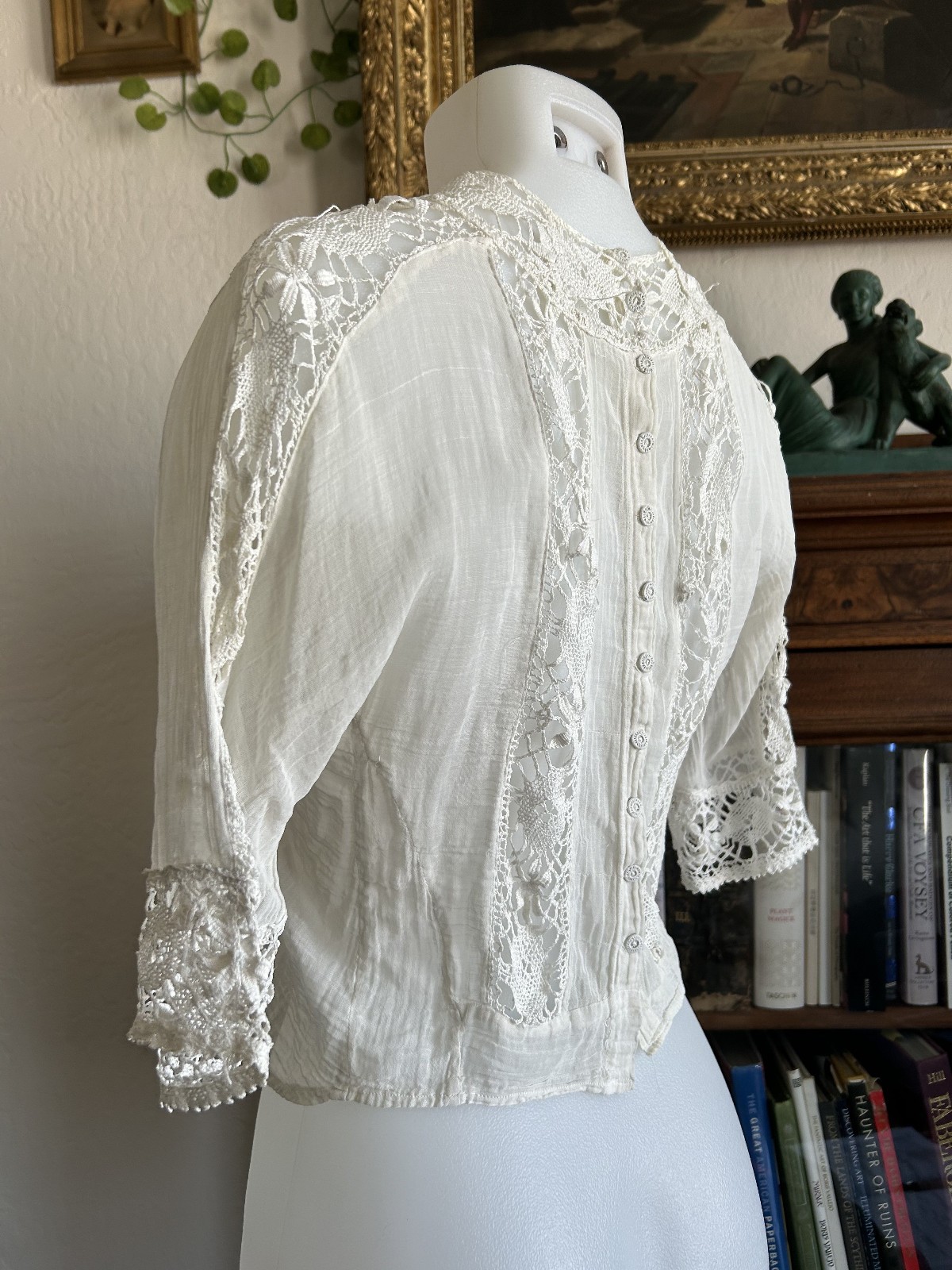 Antique Victorian Edwardian White Lace Gauze Blouse Crochet Insert Cottagecore S