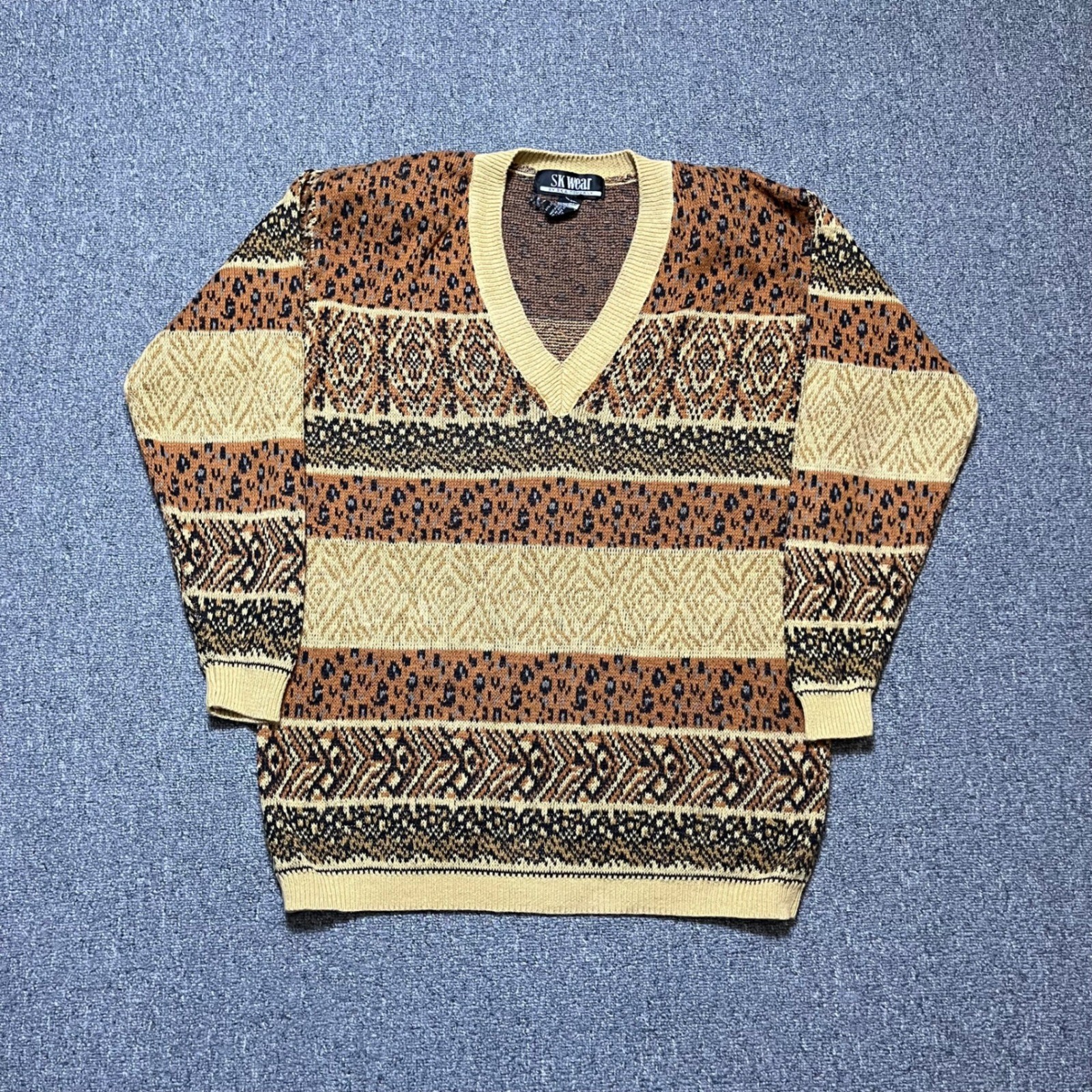 Vintage SK Wear Sweater Small Brown Leopard Fair Isle V-Neck Knit 90s Retro