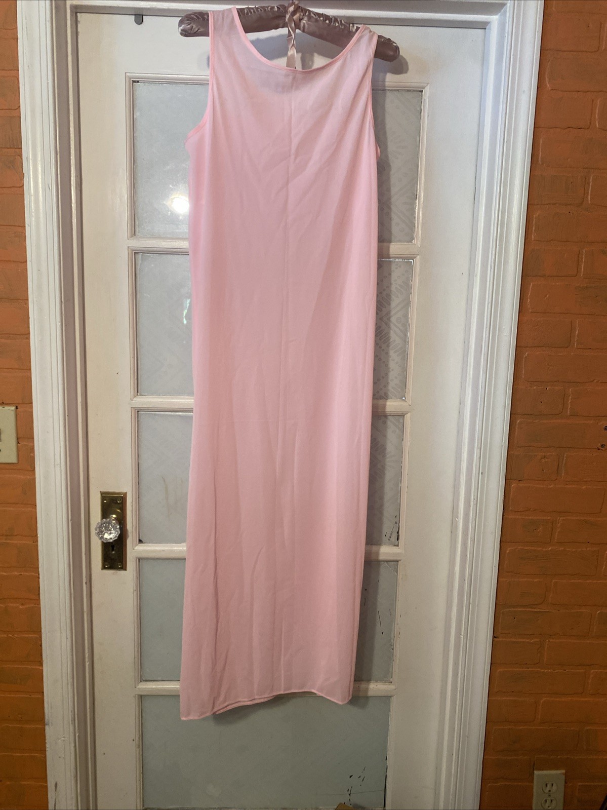 Vintage Pink Night Gown Robe Lace Embroidery Nylon Med