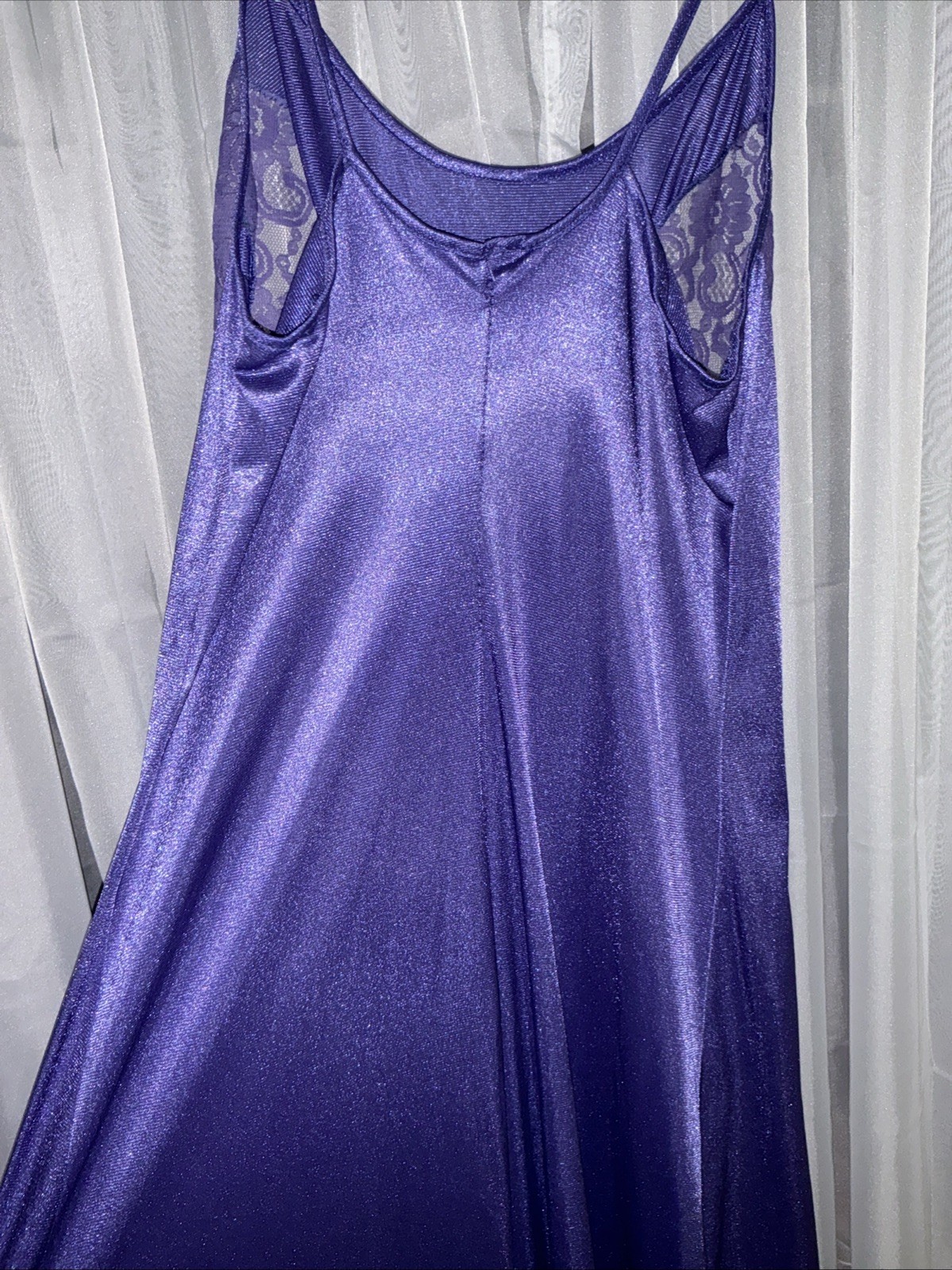 Vintage Lavender Lace Full Slip Silky Maxi Nightgown Storybook Romance Size M