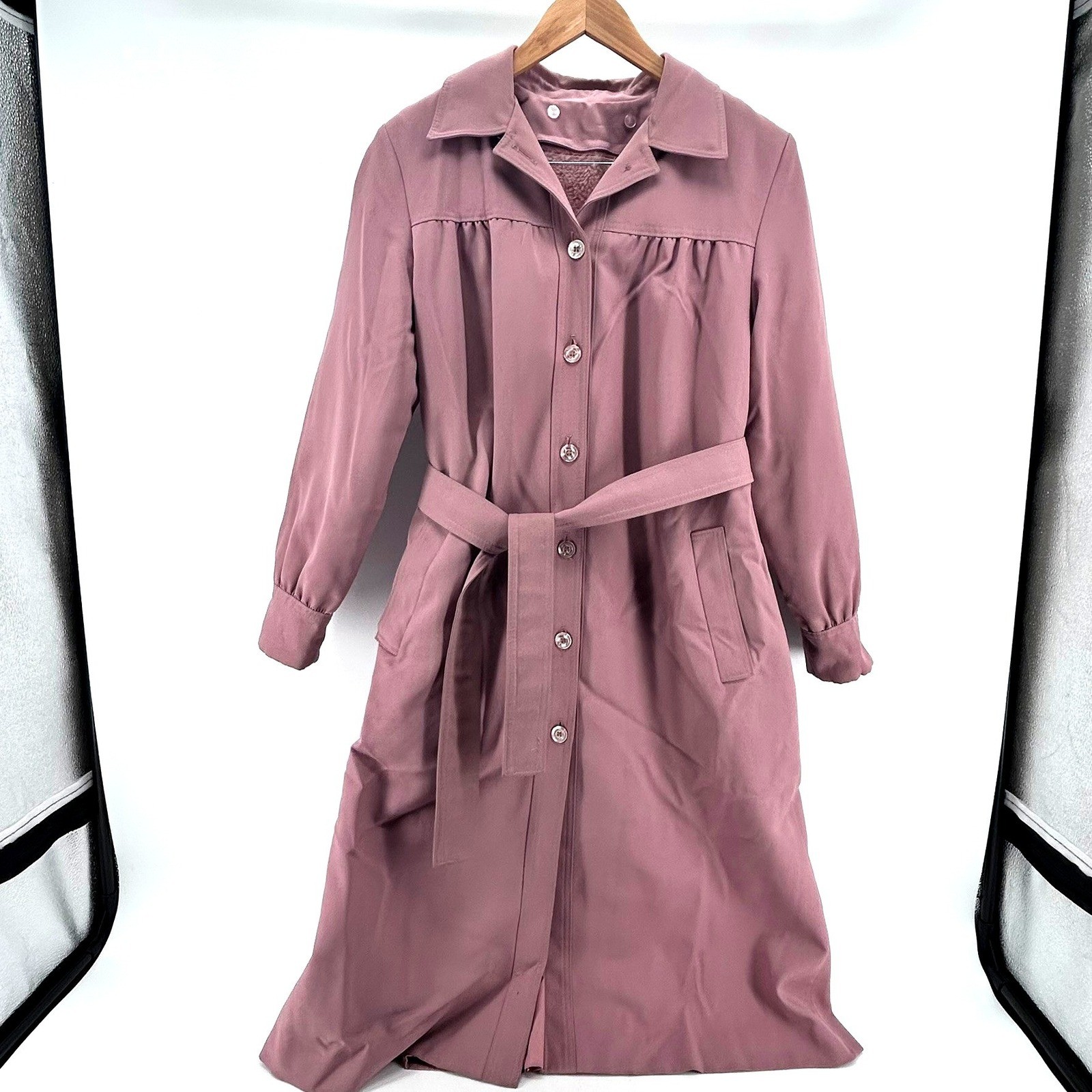 VTG Sears Dusty Rose Mauve Belted Trench Coat Faux Fur Removeable Lining Size 16