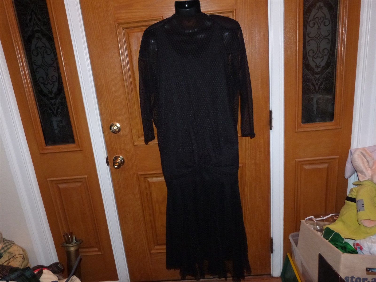 VTG 1980s black swiss polka dot flapper sheath long gothic dress & sheer jacket
