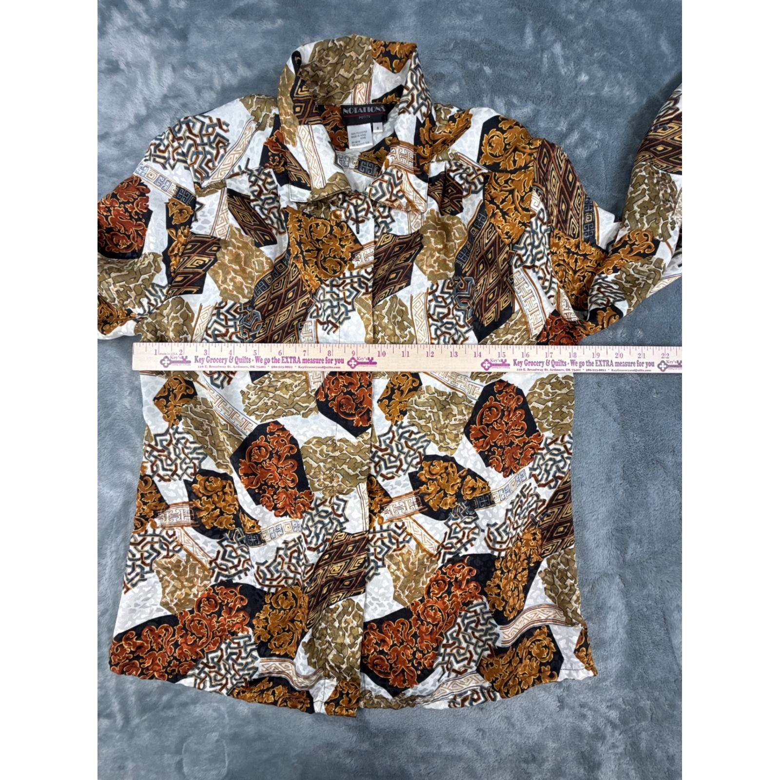 Vintage Notations Petite Baroque Geometric Secretary Blouse Gold Rust Black 8P