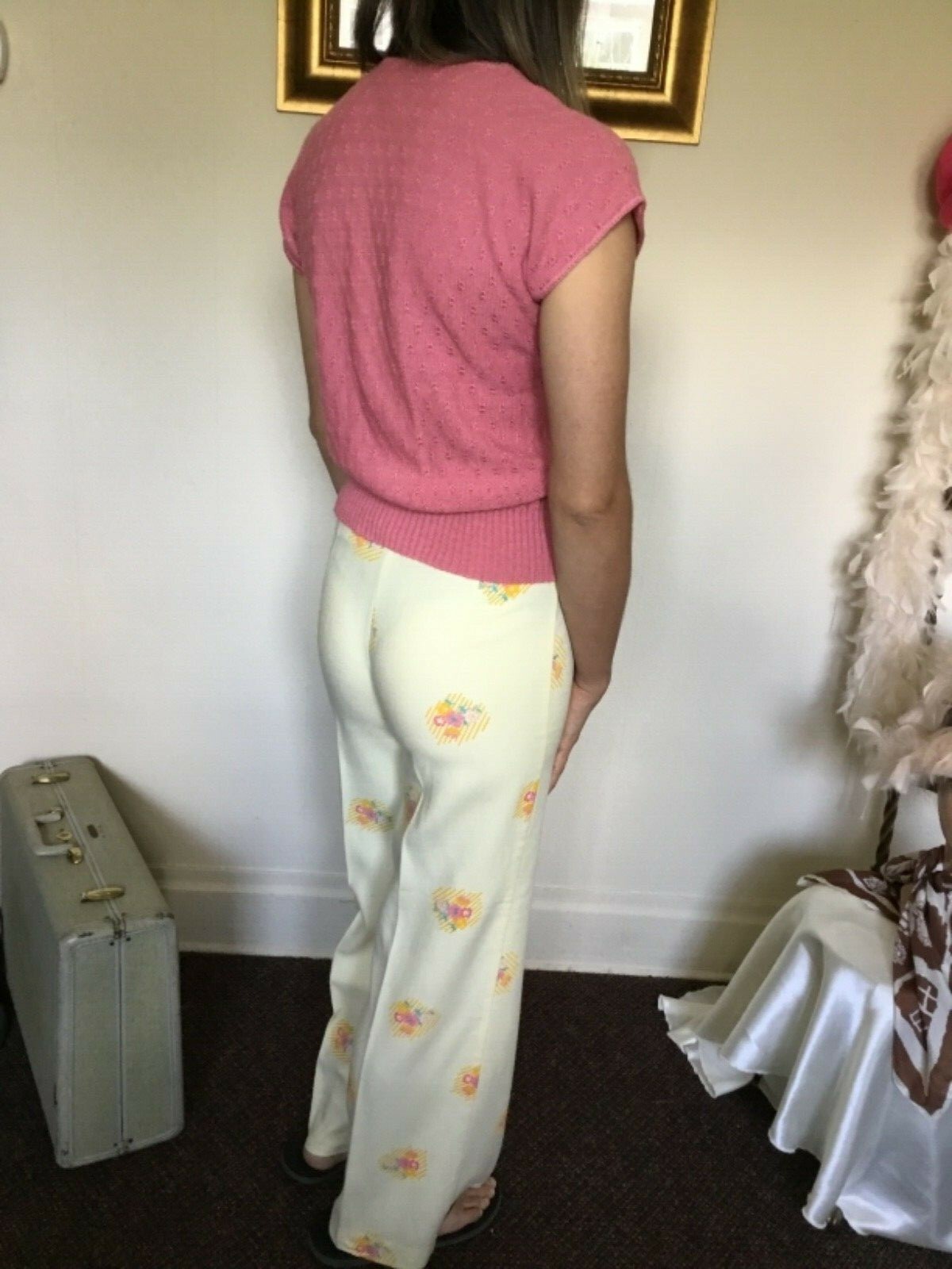 70’s Vintage Yellow Hippie Pink Floral Hi-Waist Bell Bottom Pants