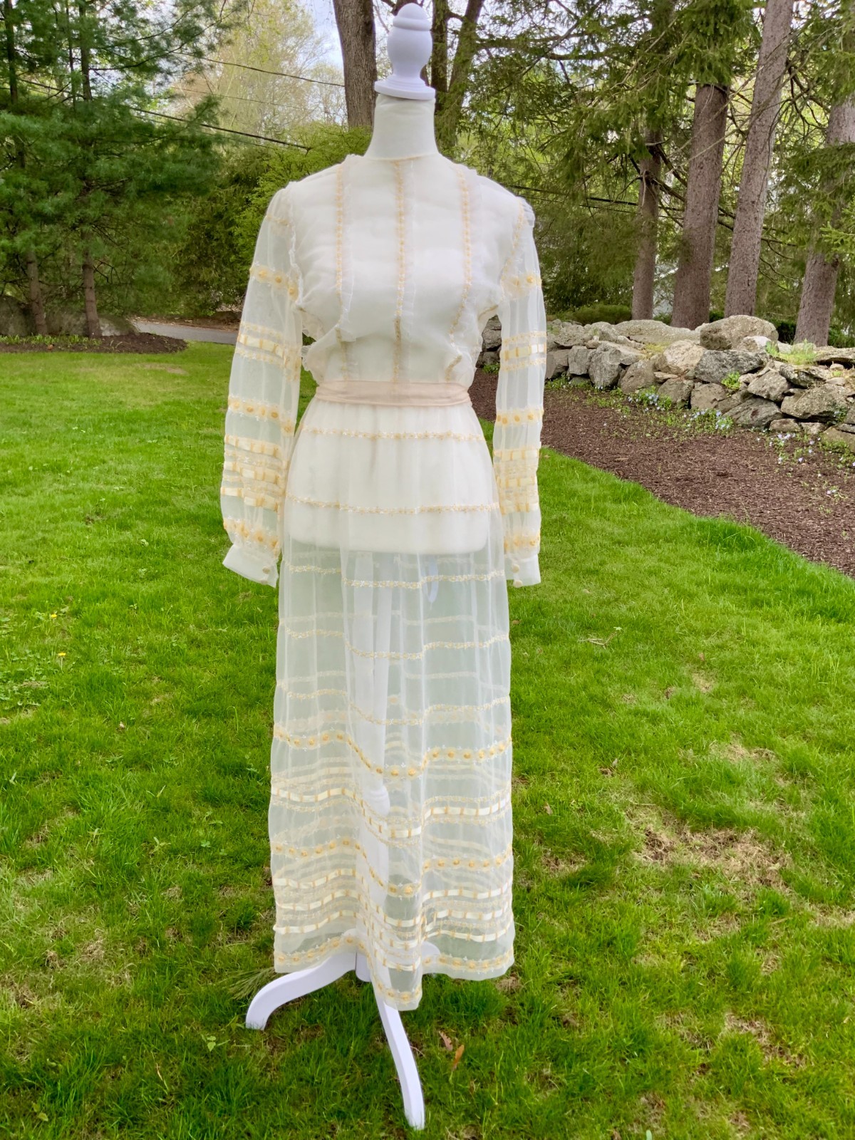 1970s Sheer Romantic Bridal Dress | Edwardian Revival Ivory with Ribbon
