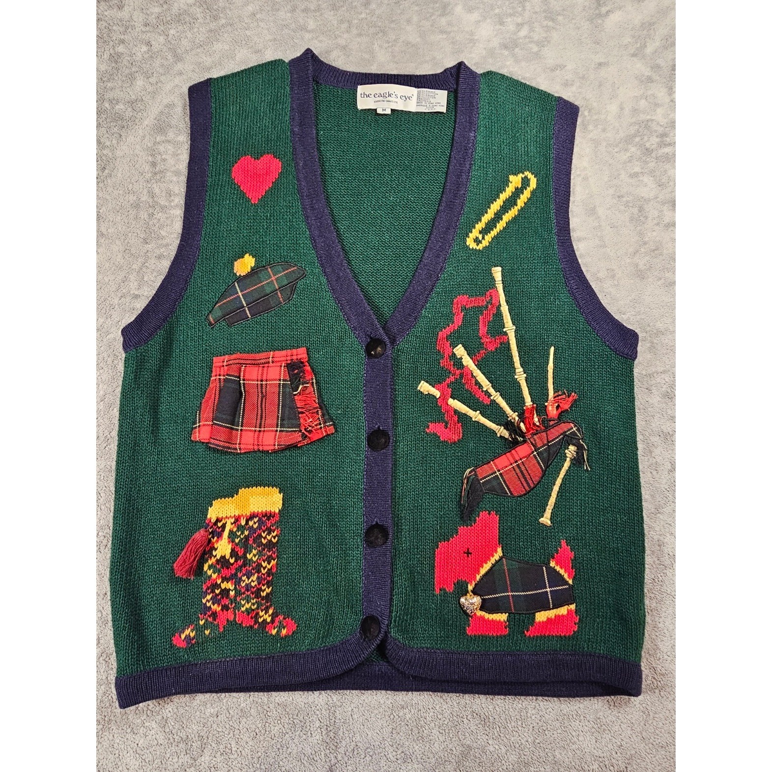 Vintage 1993 Eagles Eye Scottish Scottie Dog Bagpipes Knit Sweater Vest Green M