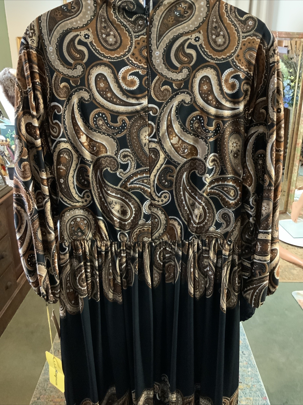 BNOS 1970s ADELE SIMPSON Brown Black Paisley Maxi Full Length Gown Sz 12 Bust 38