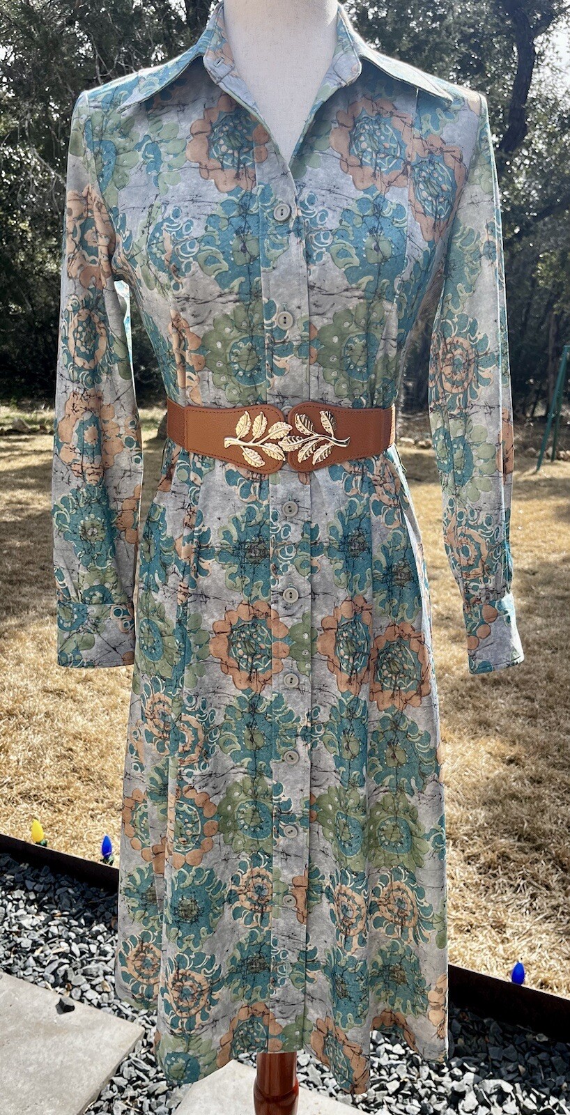 Homemade Paisley Green Long Sleeve Dress 1970s Style Vintage? 30 Waist 35 Bust