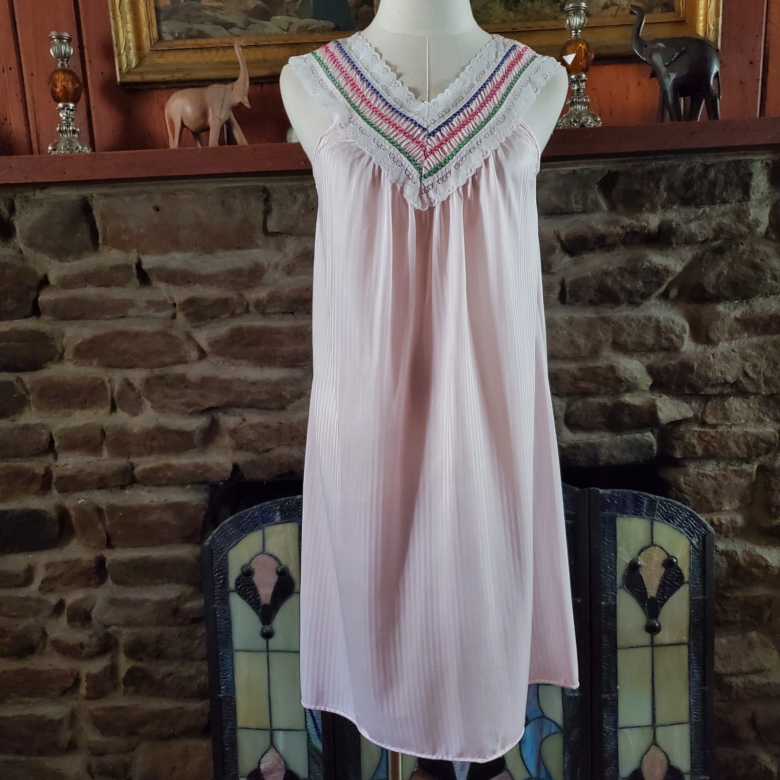 Vintage Sidney Bernstein USA Pink Nylon Nightgown Womens Small Shadow Stripe S