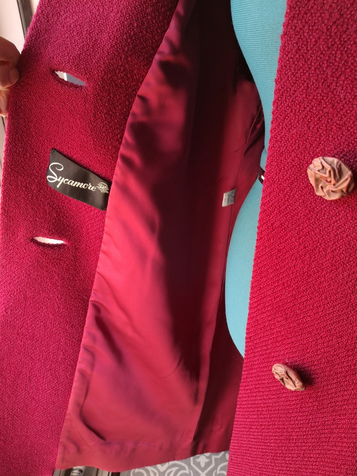 Vintage 50s/60s Sycamore Women’s Magenta Wool Coat Bracelet Sleeves Fur Collar