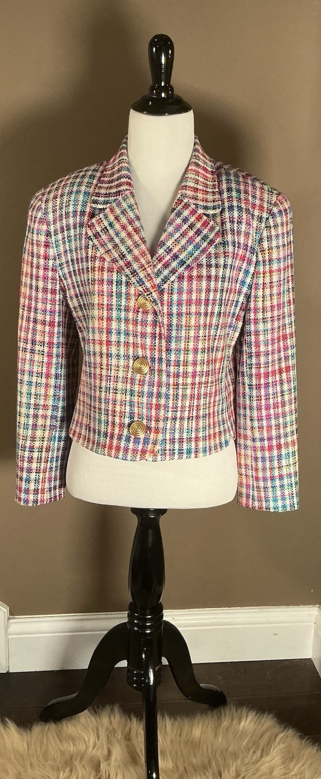 Don Caster Silks Vintage Multicolor Tweed 100% Woven Silk Cropped Blazer Sz 4