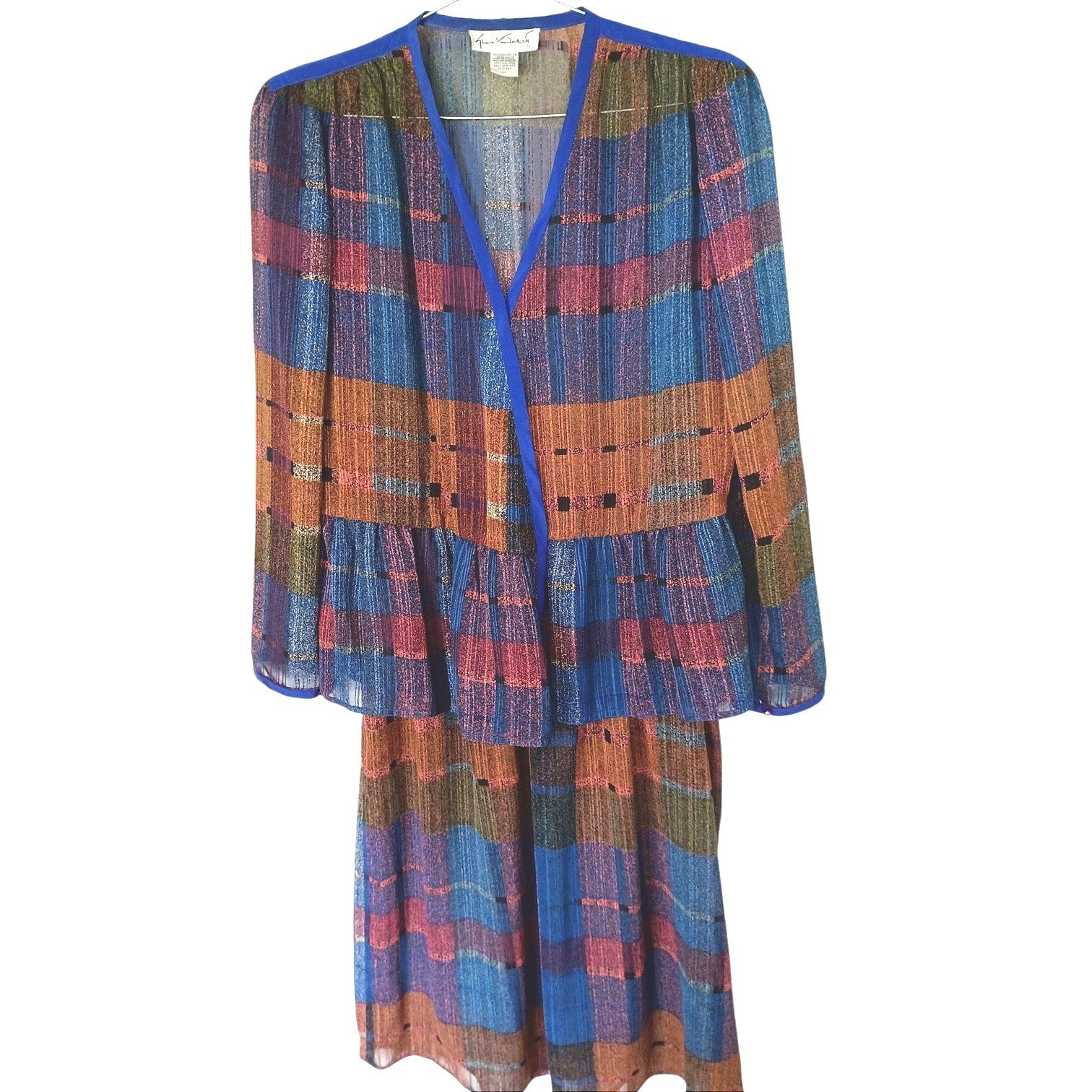 Gloria Vanderbilt Vintage 80s Metallic Plaid Peplum Top and Skirt Set Blue 14