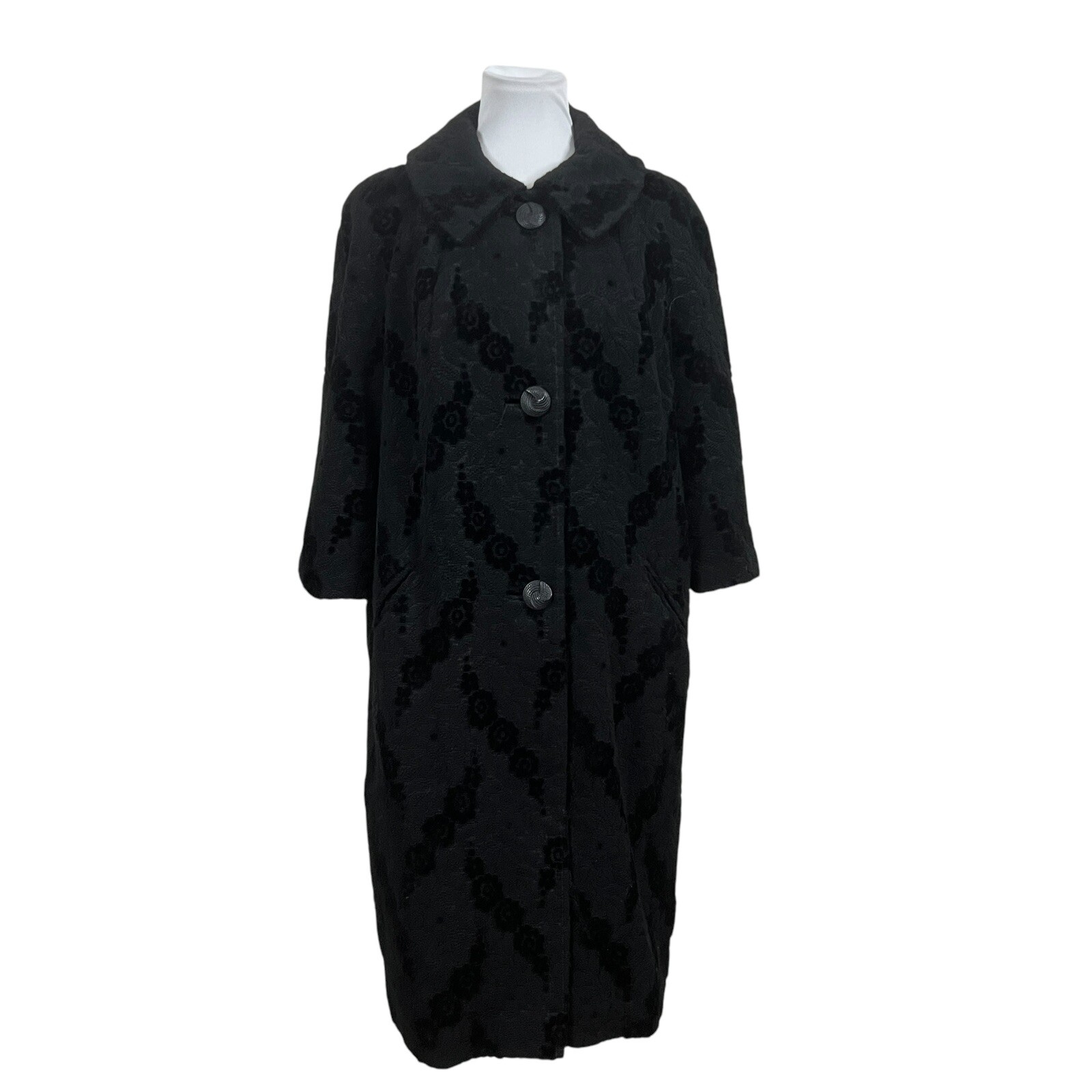Vintage An Authentic Sandra Sage Creation Textured Coat Black 50s 3/4 Sleeve S/M