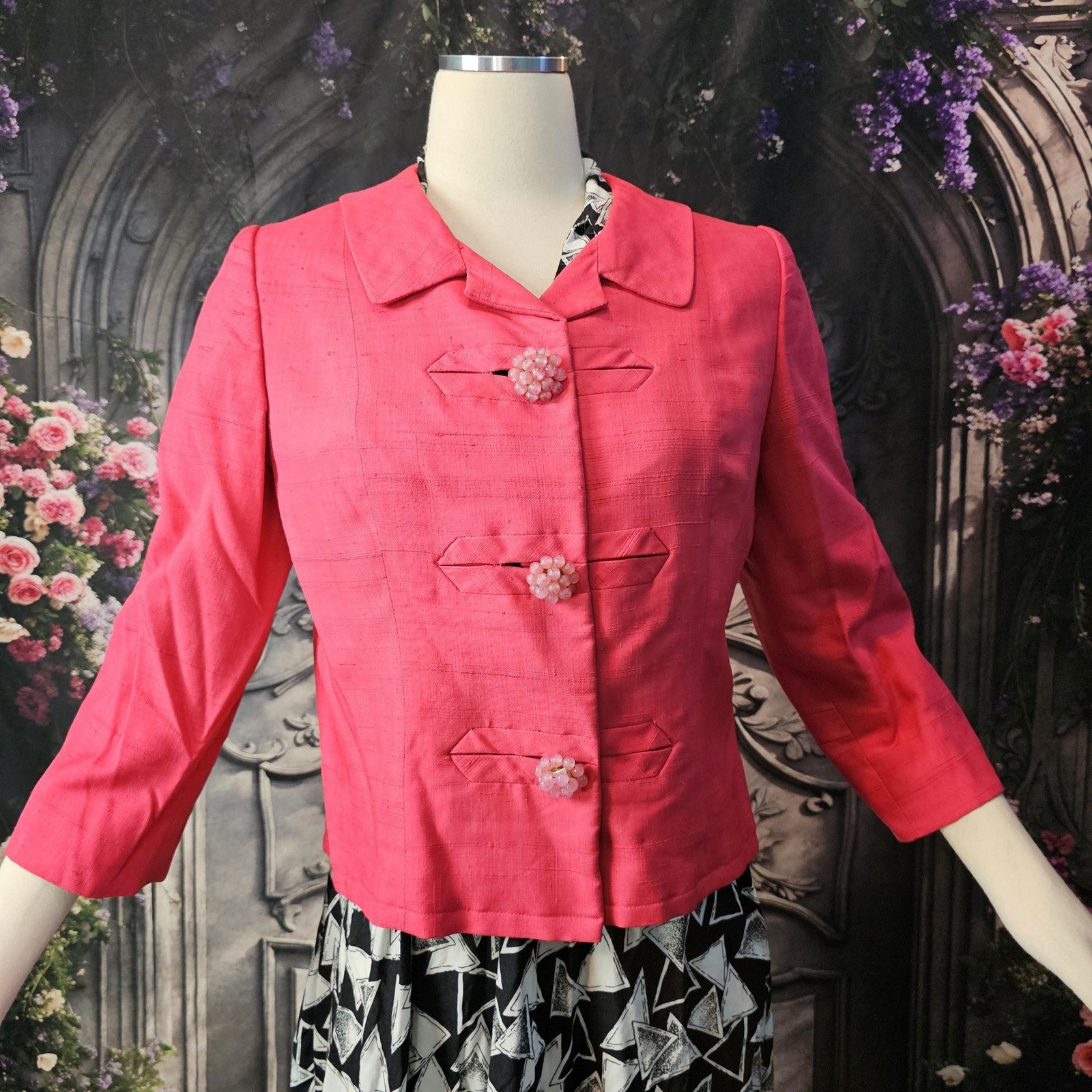 Vintage 1960’s Jacket Bright Pink Half Sleeve Beaded Buttons Blazer Barbie