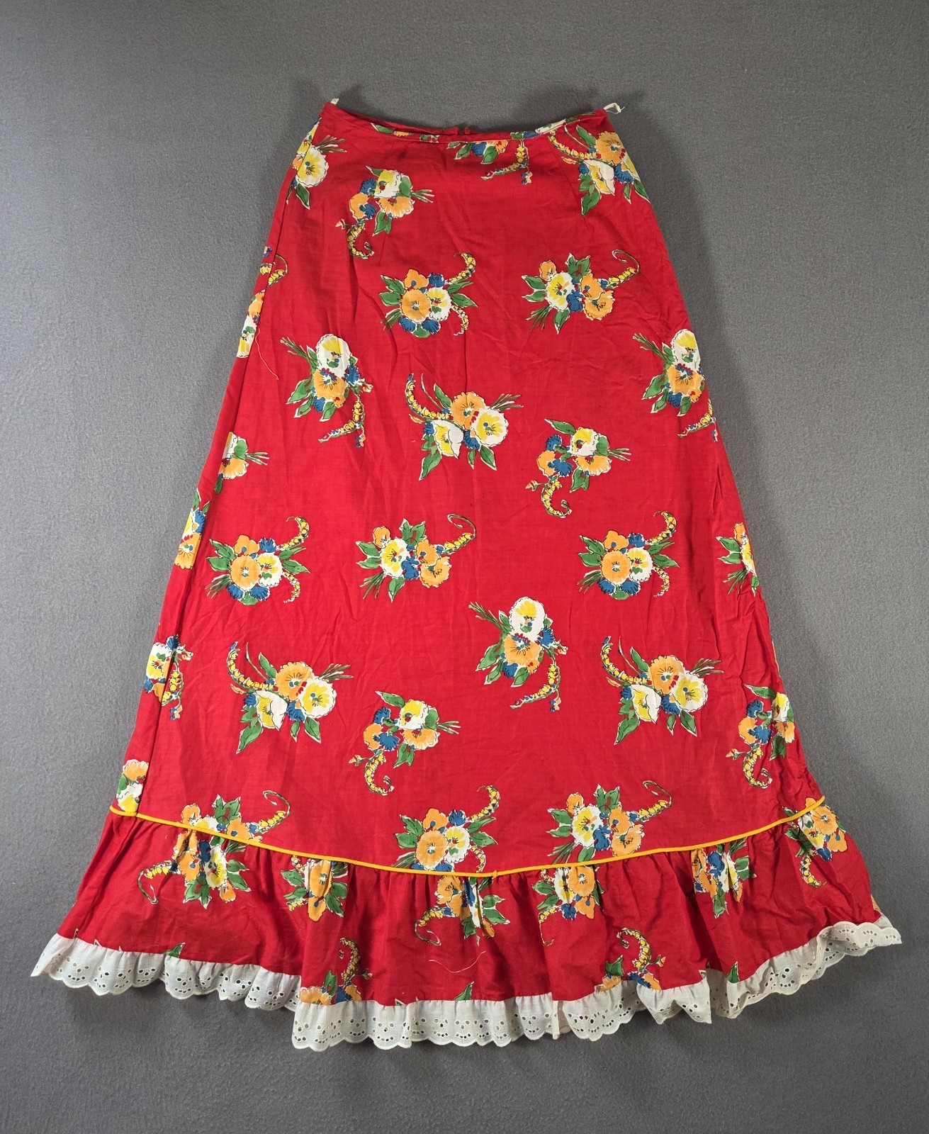 Vintage Floral Skirt Womens 28″ Red Maxi Flare Lace Trim A Line Dance 80s
