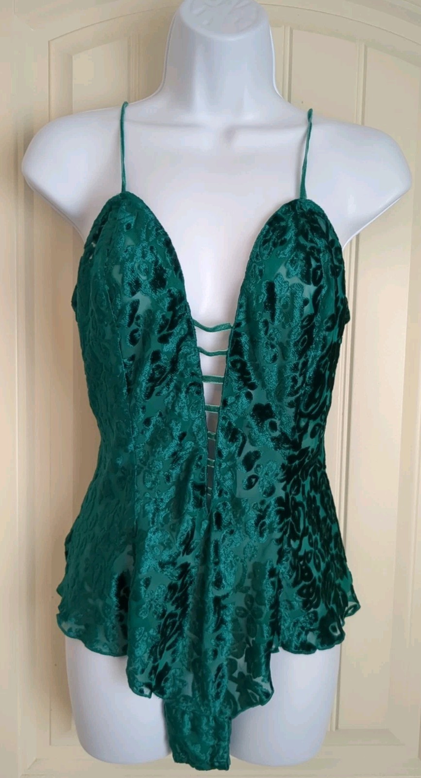 Vtg Victorias Secret Teddy Flutter Leg Green Velvet Burnout Gold Label Small