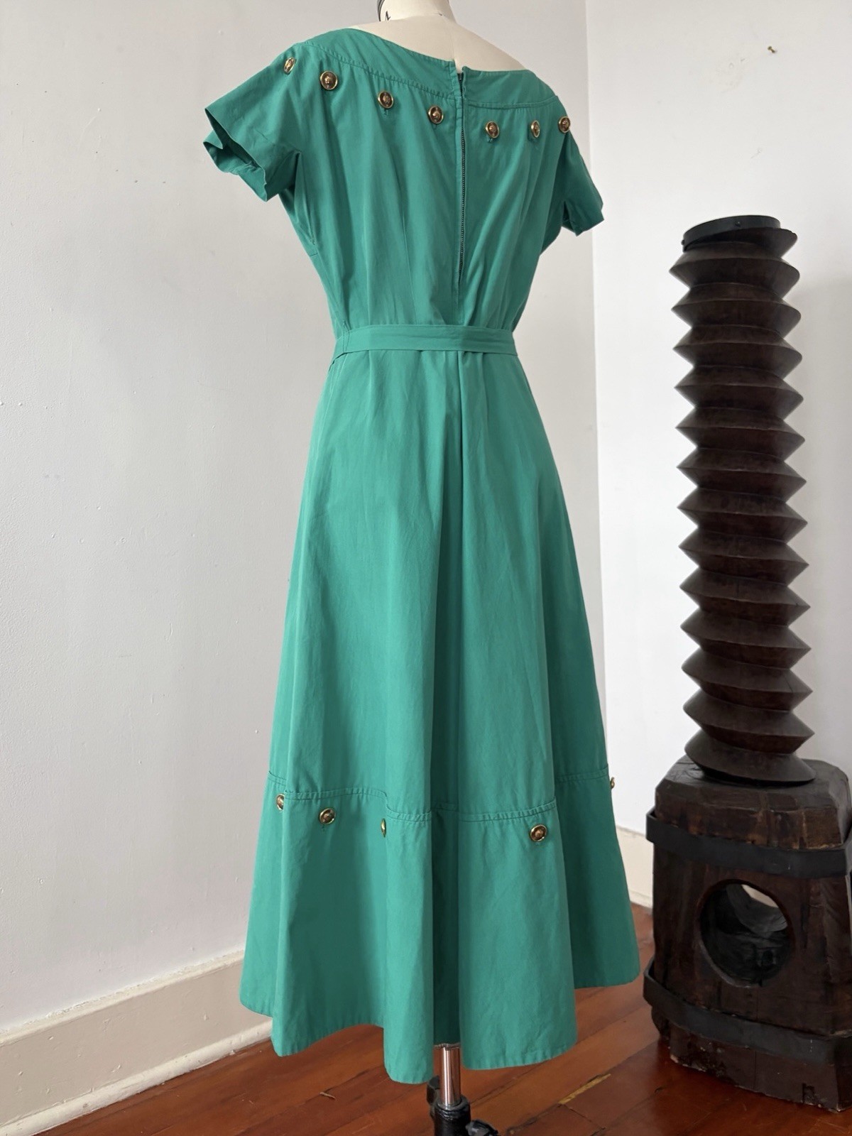 1950s Jade Green Polished Cotton Day Dress Midi Bateau Neck Crest Buttons Resort