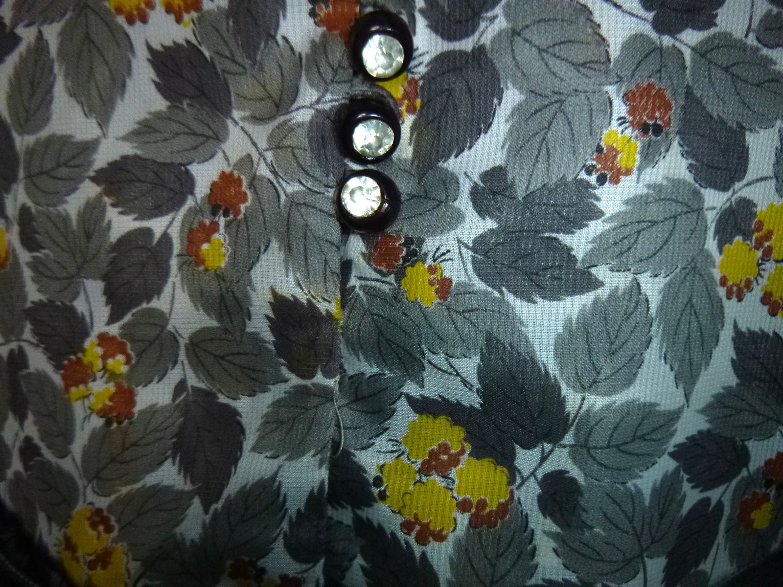 Vtg 40s 50s Crisp Organza Dress Gray Leaves Yellow Brown Berries VOLUP Sz XL/XXL