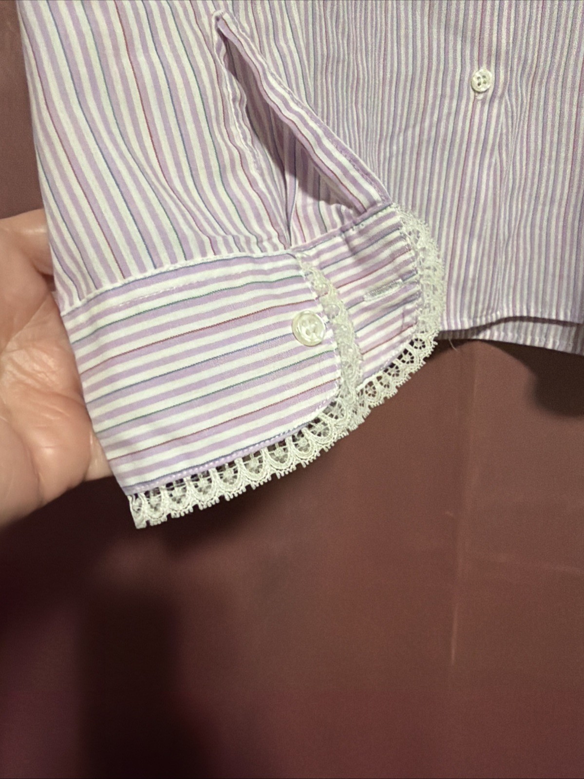 Vintage Stuart Lang Button Up Blouse 9/ 10 Lavender Stripe Lace Long Sleeve