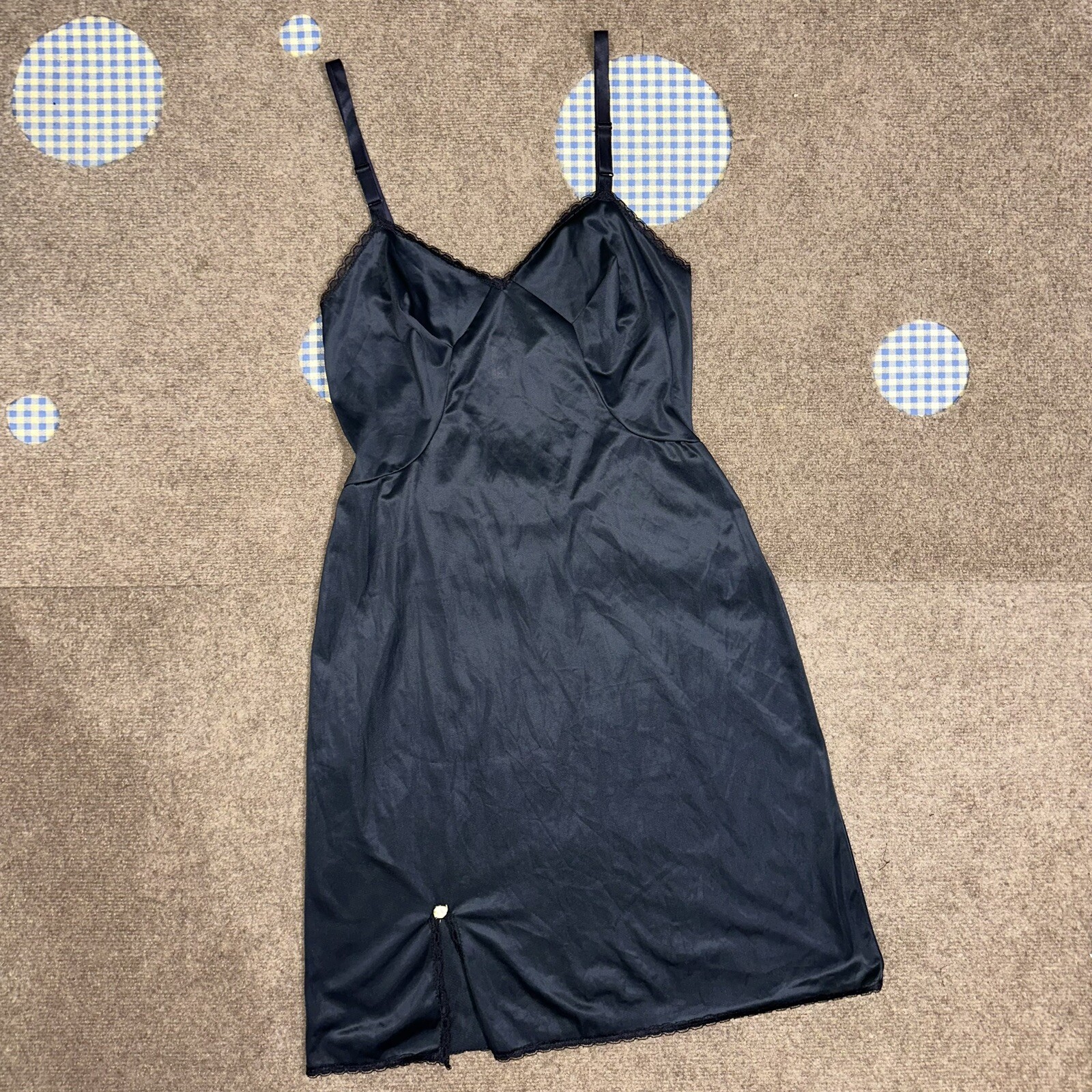 Vintage 60s Black Carol Brent Slip Dress Nightie Cami Lace Rose 16/32 Average